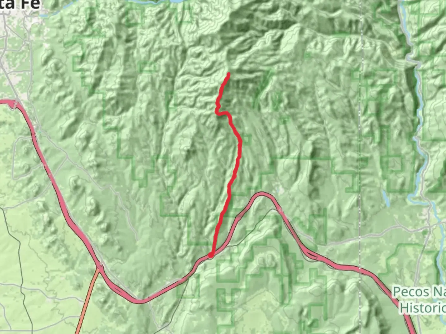 An image depicting the trail Glorieta Baldy via Deer Trail and its surrounding area.