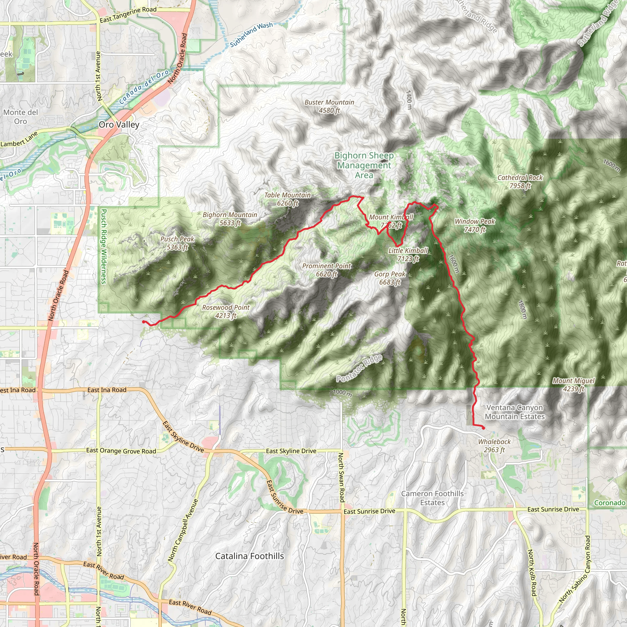 Mount Kimball via Pima Canyon Trail and Ventana Trail mobile static map