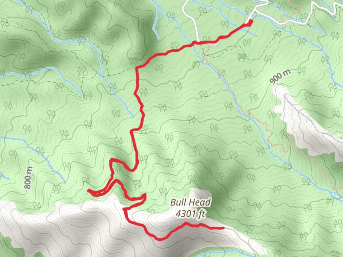 An image depicting the trail Bull Head Trail Out and Back and its surrounding area.