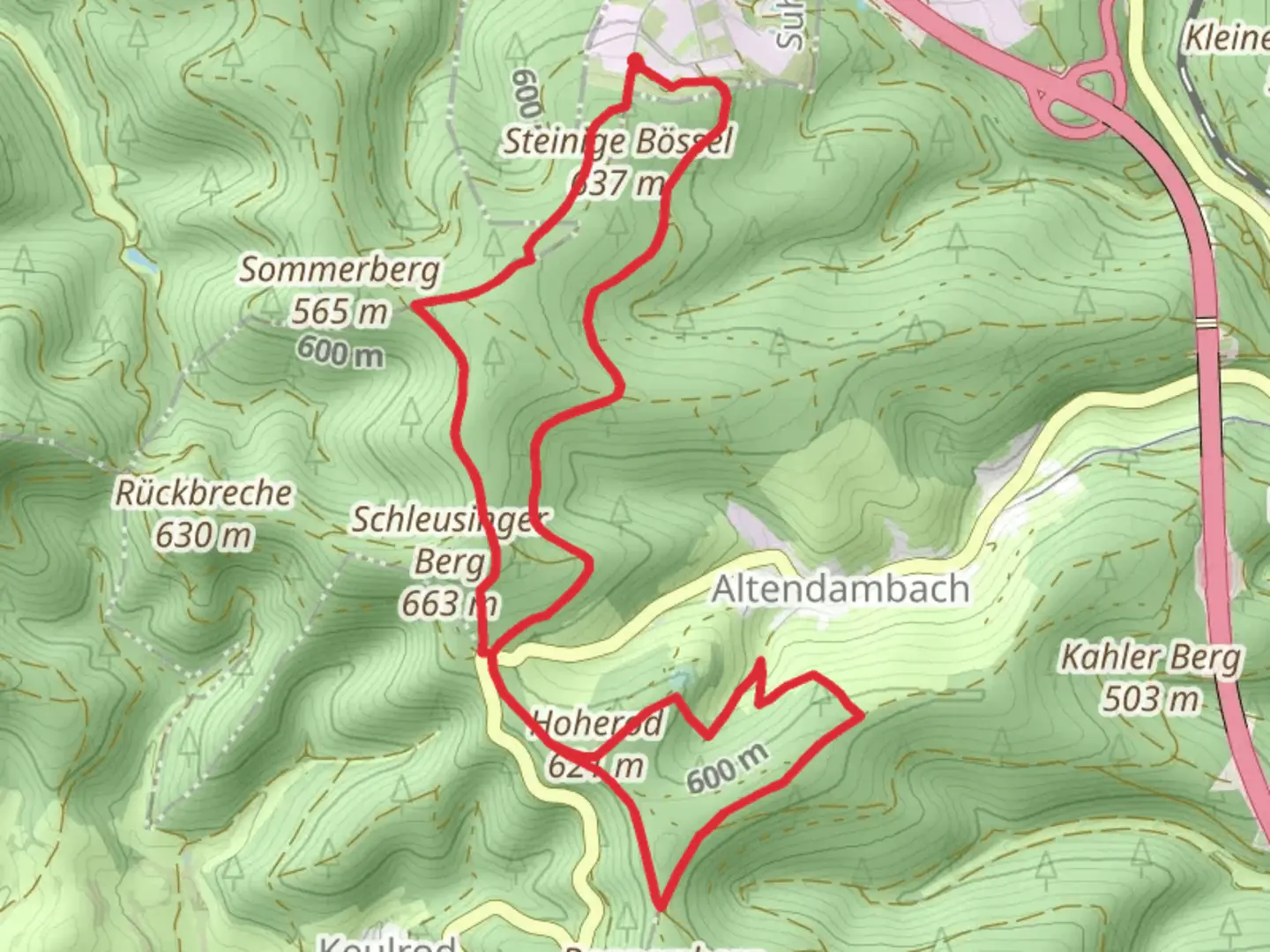 An image depicting the trail Steinige Bössel, Schleusinger Berg and Hoherod Loop and its surrounding area.