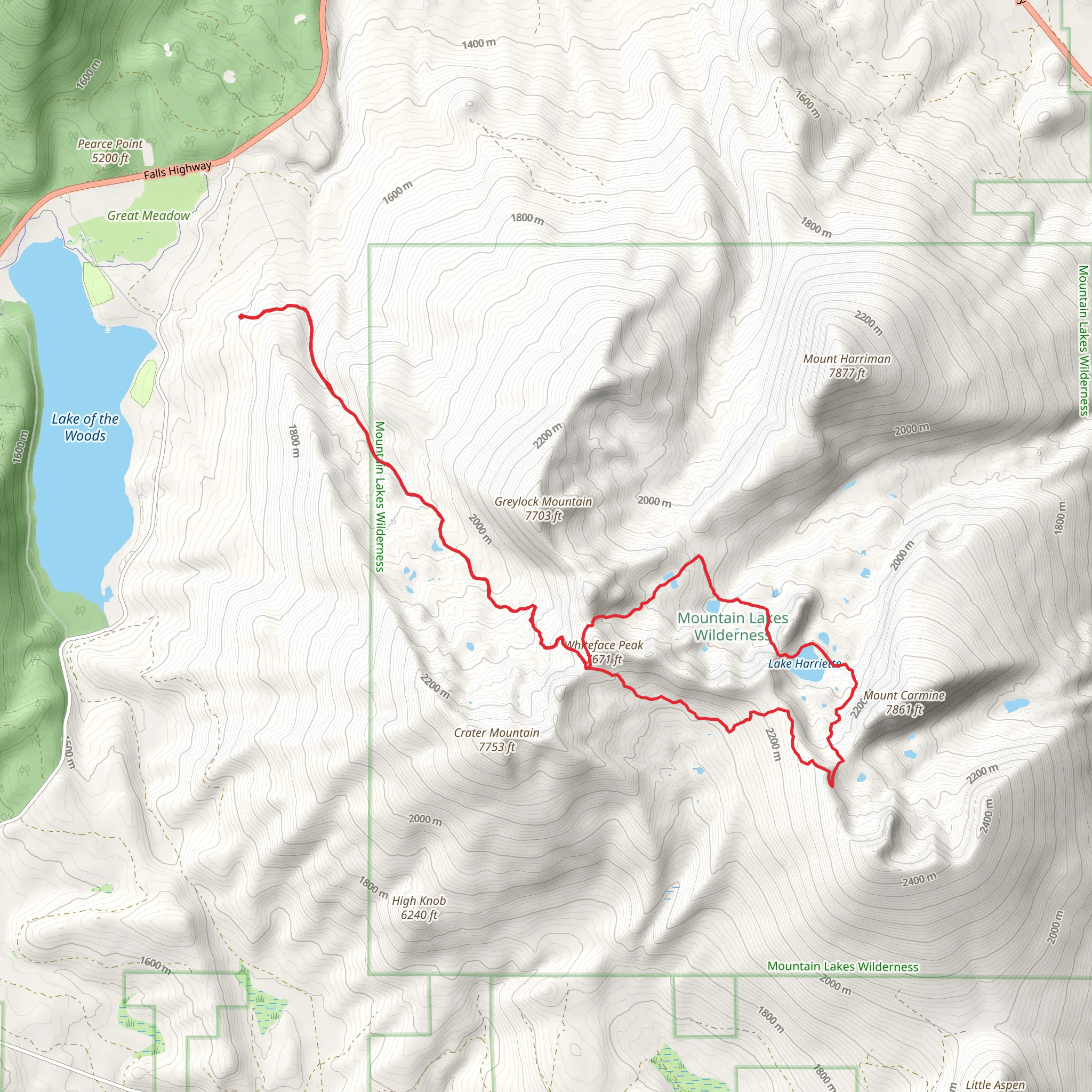 Lake Harriette and Whiteface Peak Loop via Mountain Lakes Trail mobile static map