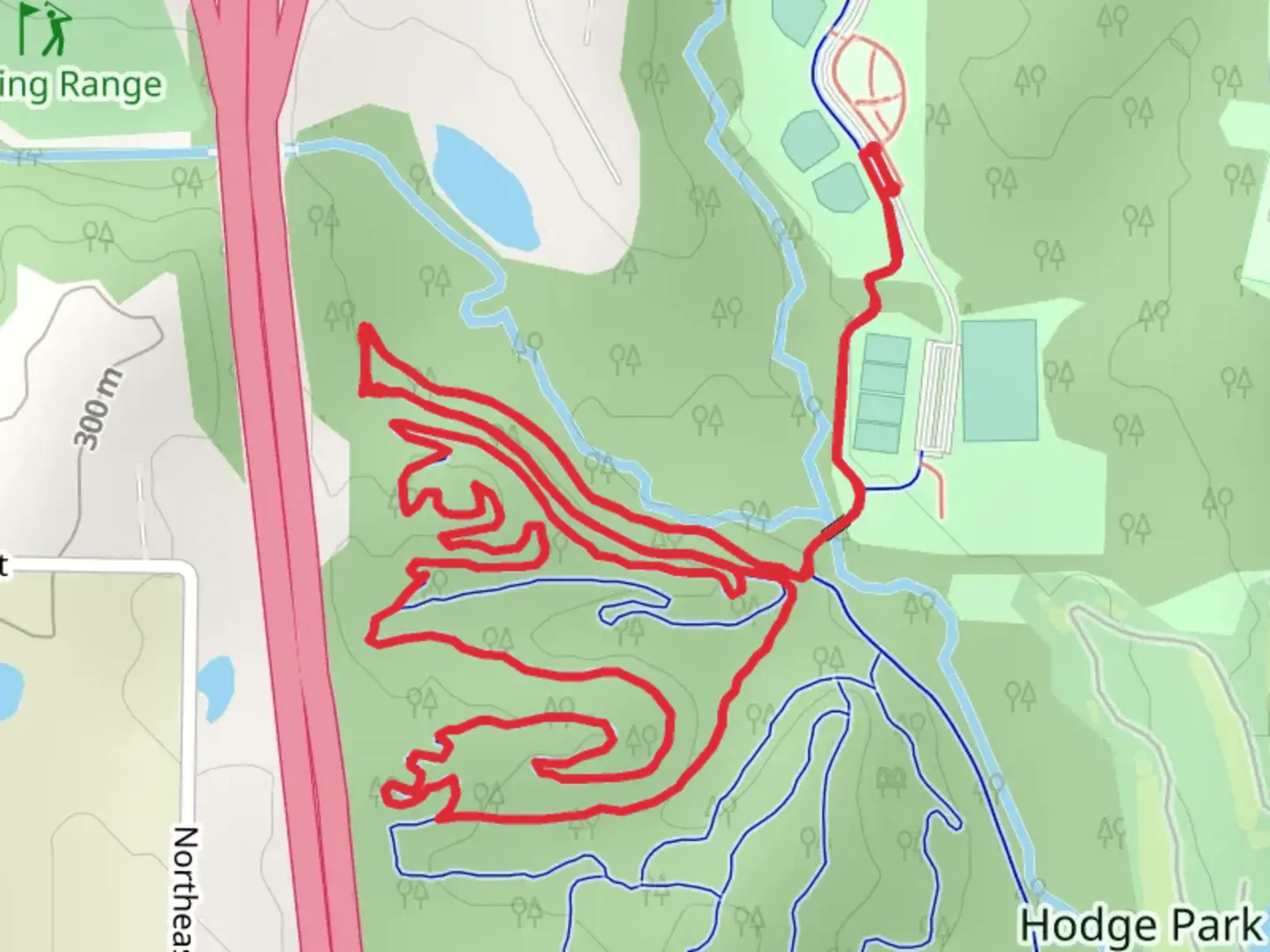 An image depicting the trail Hodge Park Trail and Twisted Branch Loop and its surrounding area.