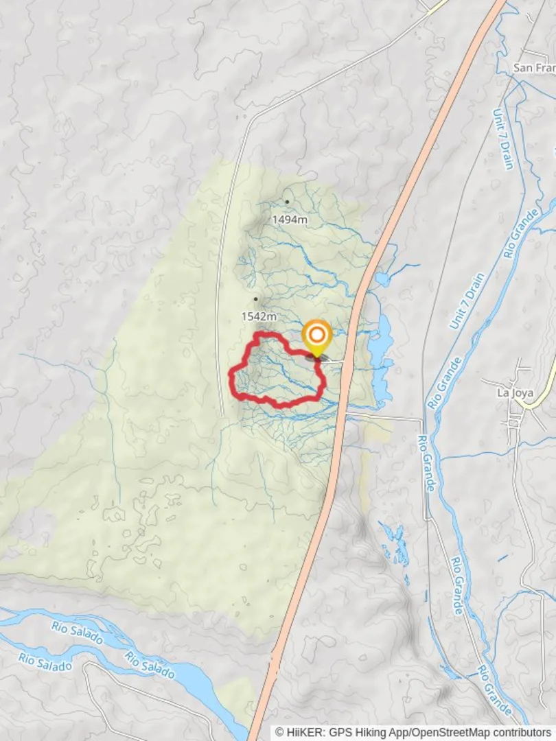 An image depicting the trail Mesa View, VABM Cliff and Ladrones Vista Loop Trail and its surrounding area.