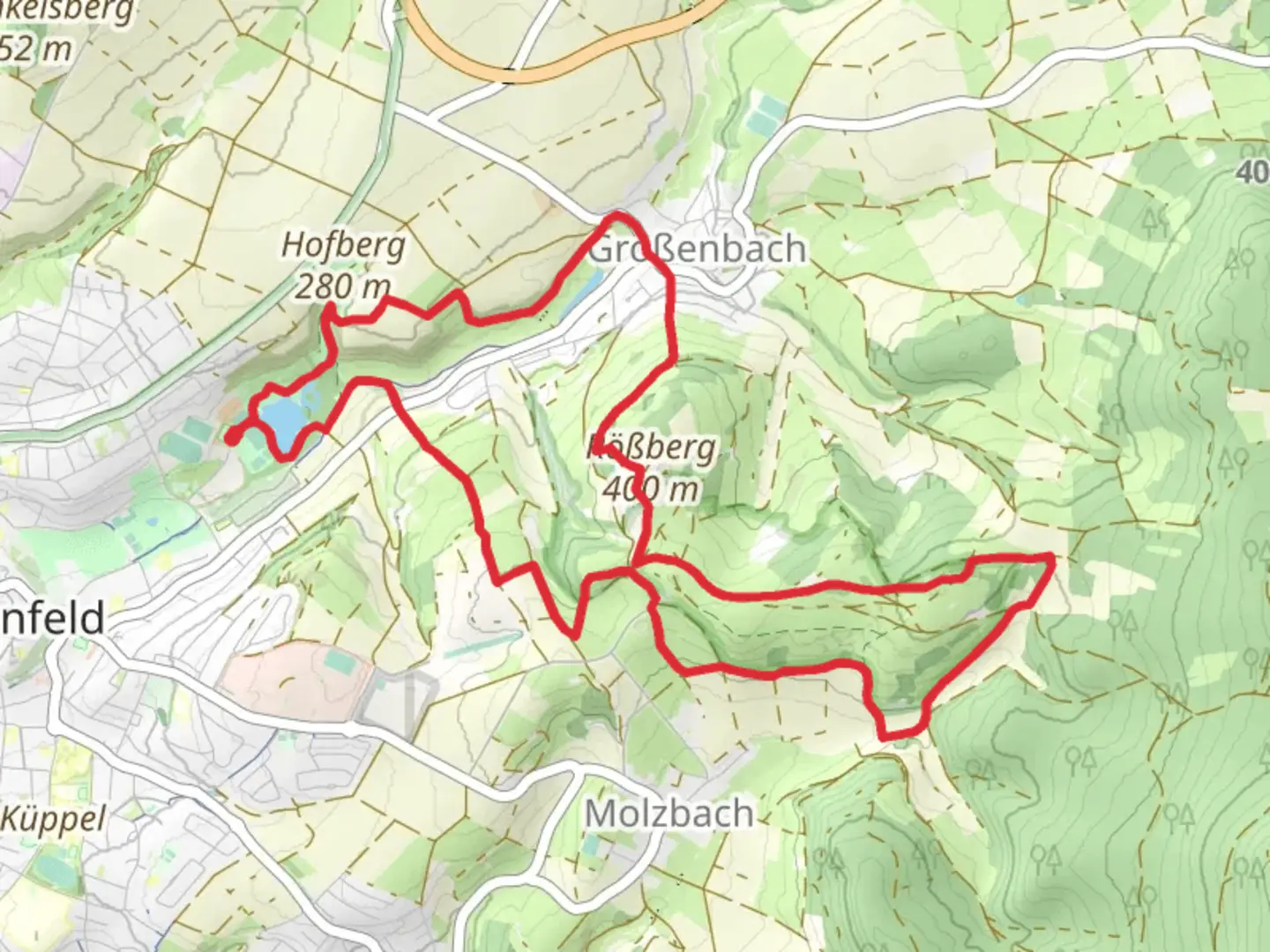 An image depicting the trail Haselsee and Hofberg via Extratour Weinberg and its surrounding area.