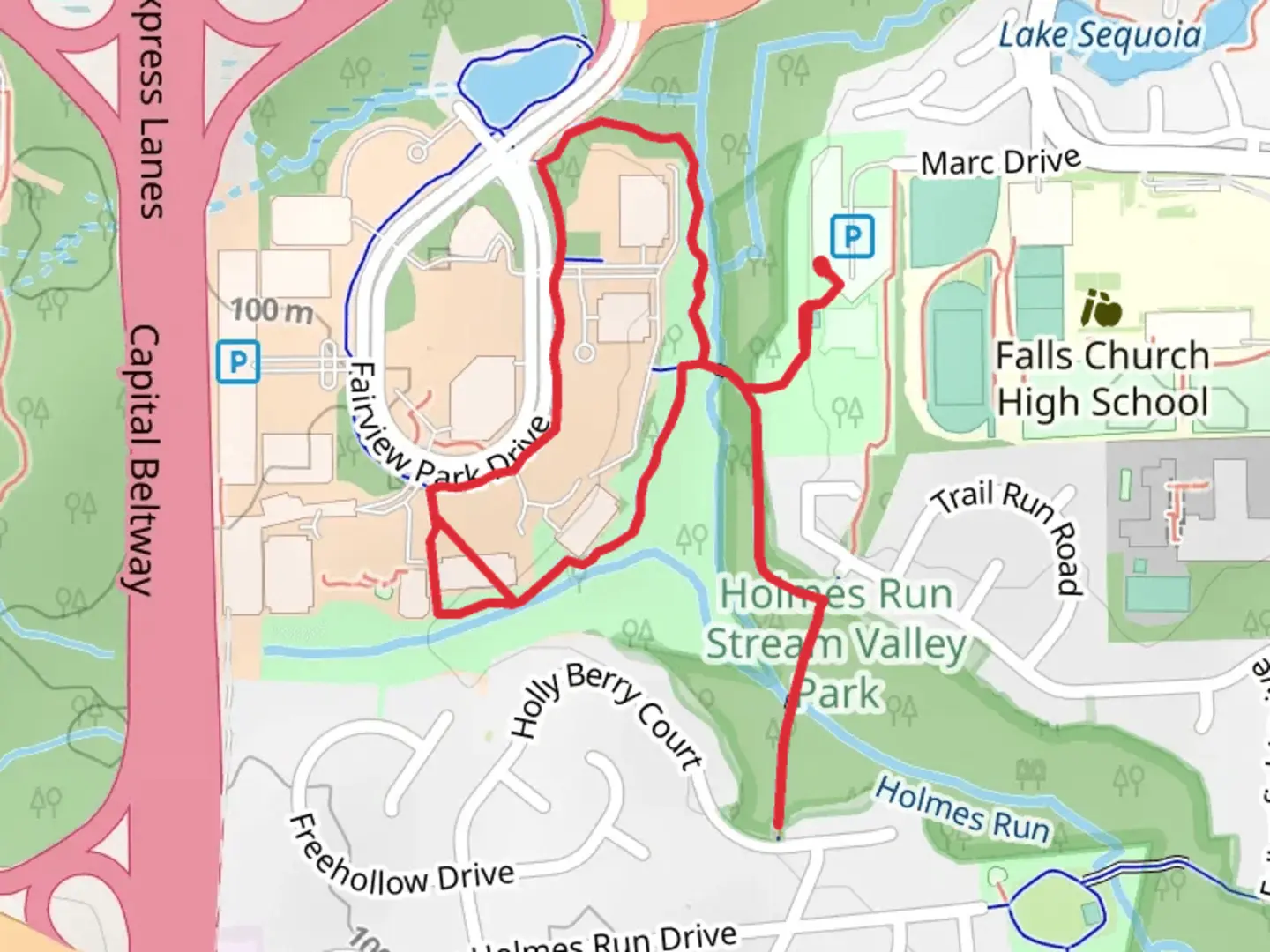 An image depicting the trail Holmes Run Loop and its surrounding area.