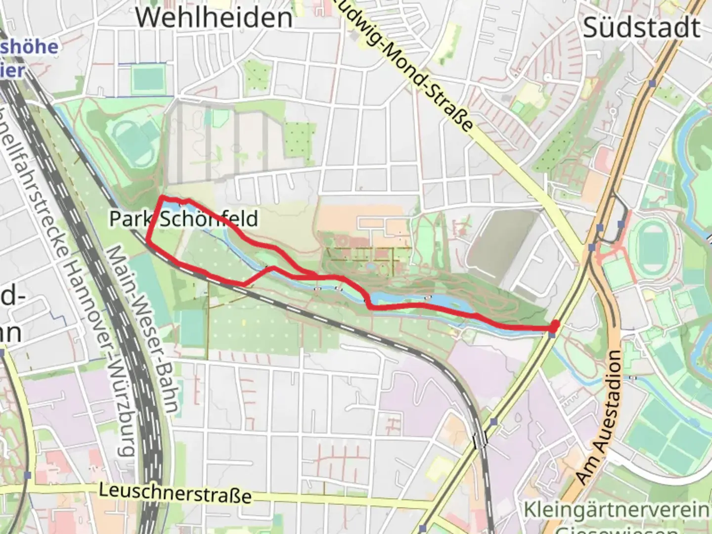 An image depicting the trail Schönfelder Märchenteich and Park Schönfeld Loop and its surrounding area.