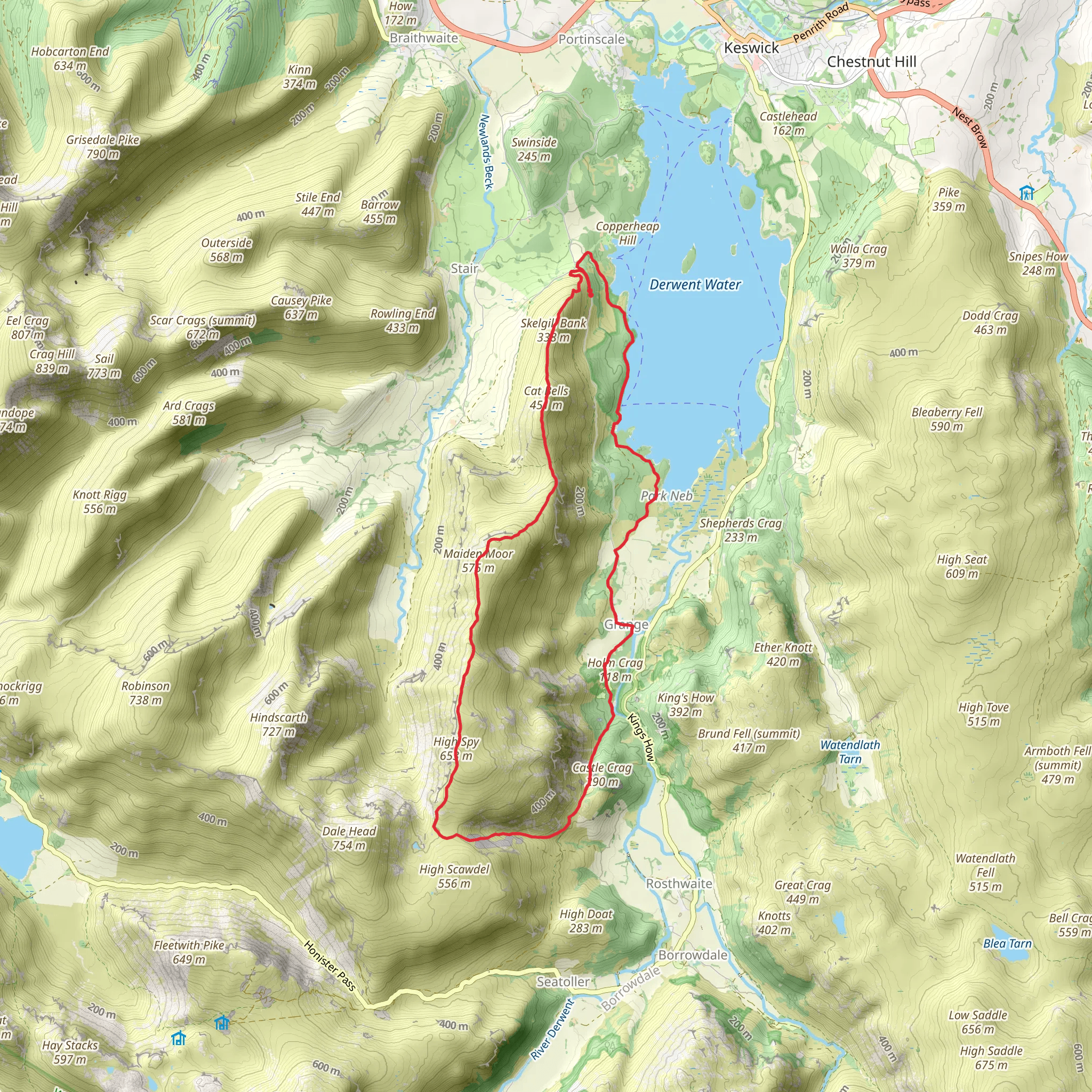 Cat Bells, Maiden Moor, HIgh Spy and Derwentwater Loop mobile static map