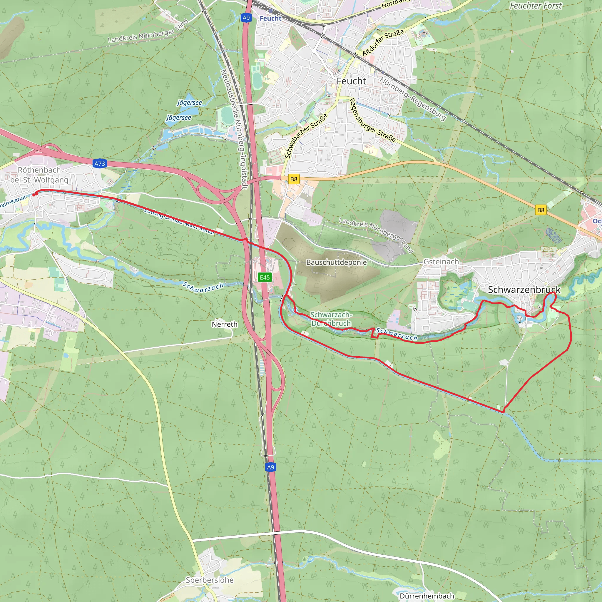 Schwarzach via Schwarzenbruck Wanderweg and Am Ludwig Donau Main Kanal mobile static map