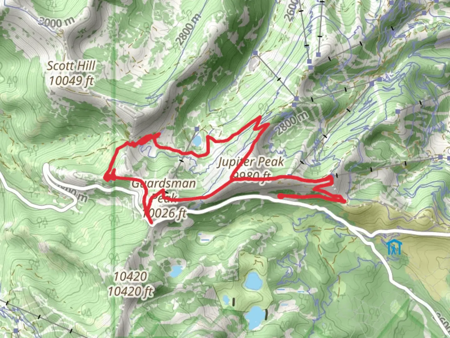 An image depicting the trail Scott's Bypass, Blazing Saddle and Shadow Lake Loop and its surrounding area.