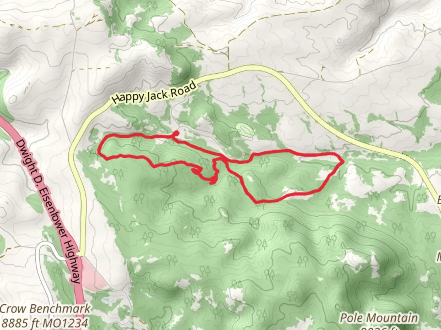 An image depicting the trail Pole Creek - Blackjack - Middle Aspen - Haunted Forest Loop Trail and its surrounding area.