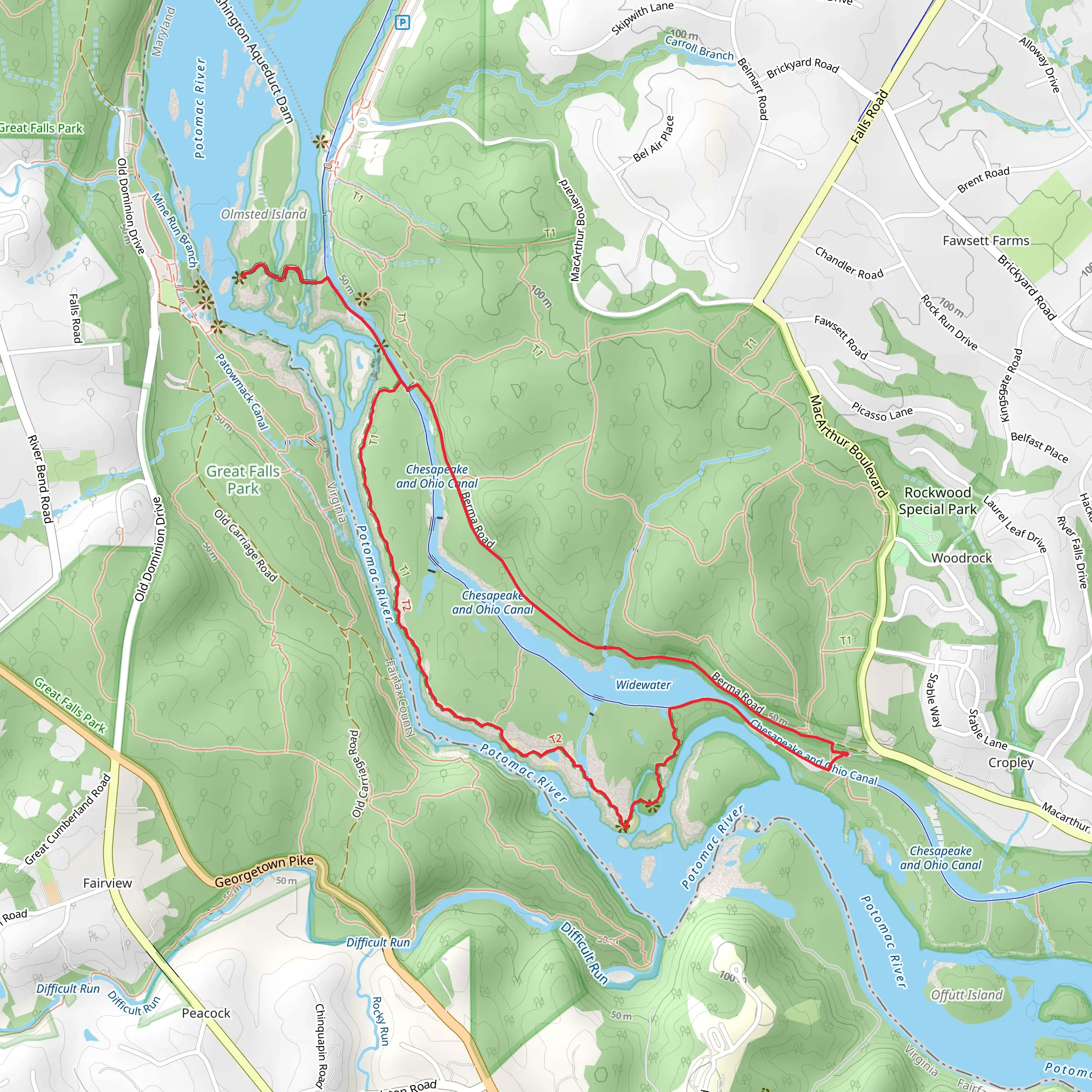 Great Falls Overlook, Billy Goat Section A and Chesapeake and Ohio Canal Loop Trail mobile static map