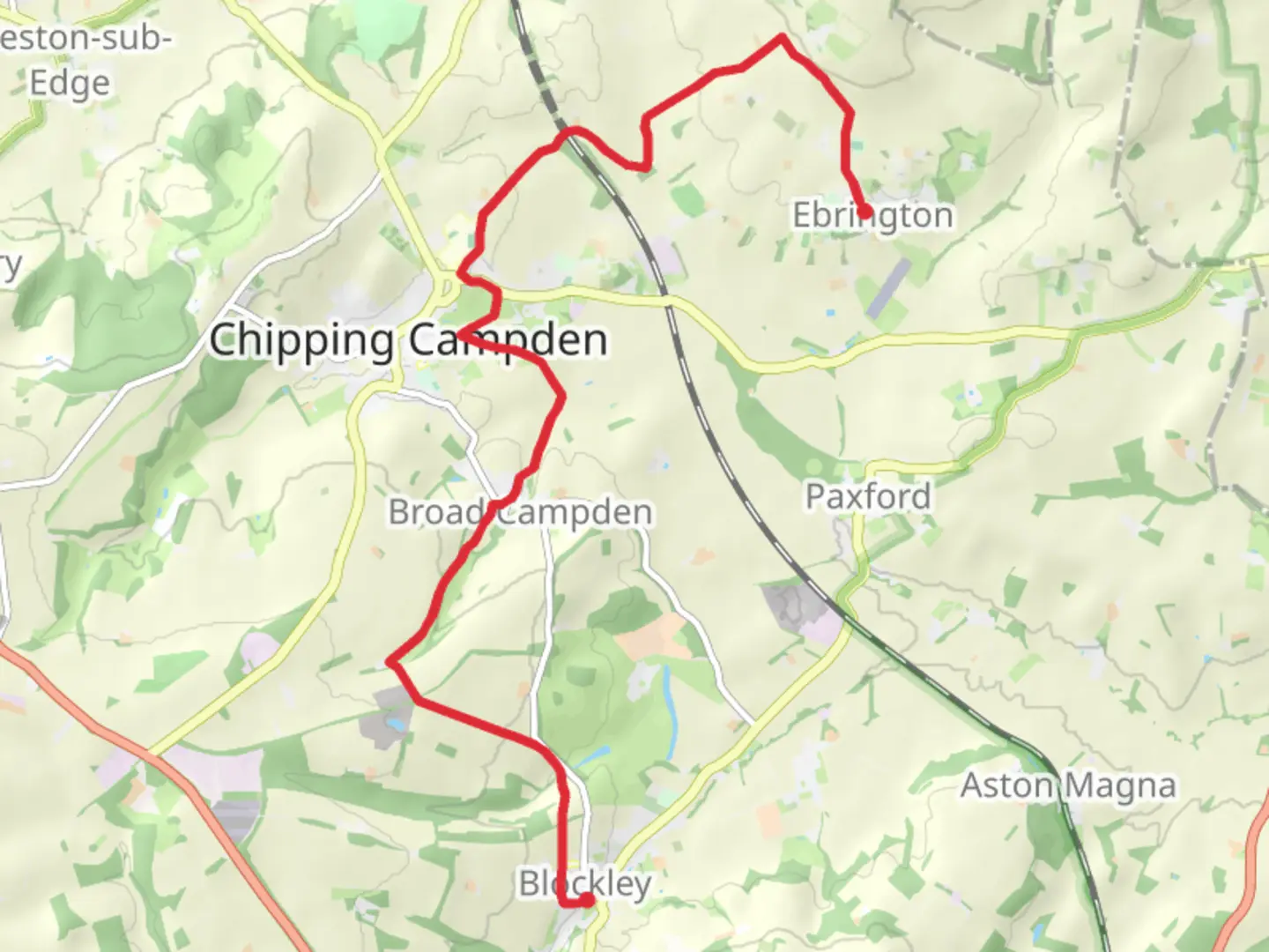 An image depicting the trail Chipping Campden Country Park via Heart of England Way and its surrounding area.