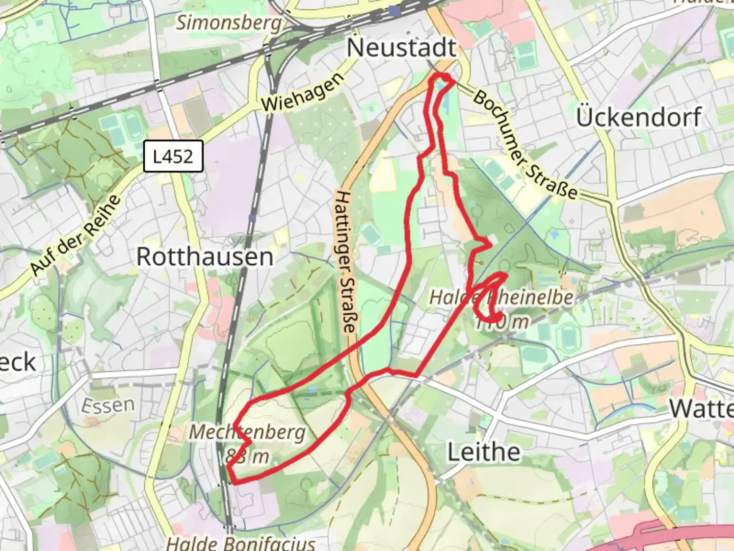 An image depicting the trail Himmelstreppe and Blick nach Gelsenkirchen in Wissenschaftspark Gelsenkirchen and its surrounding area.