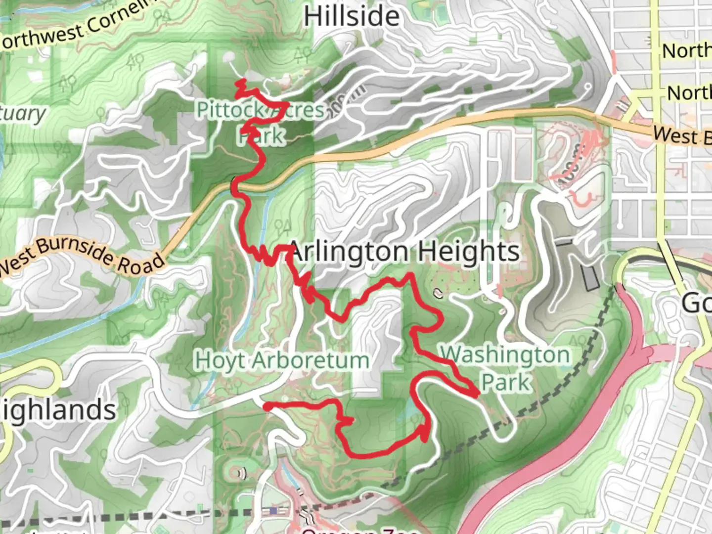 An image depicting the trail Arlington Heights - Wildwood Trail and its surrounding area.