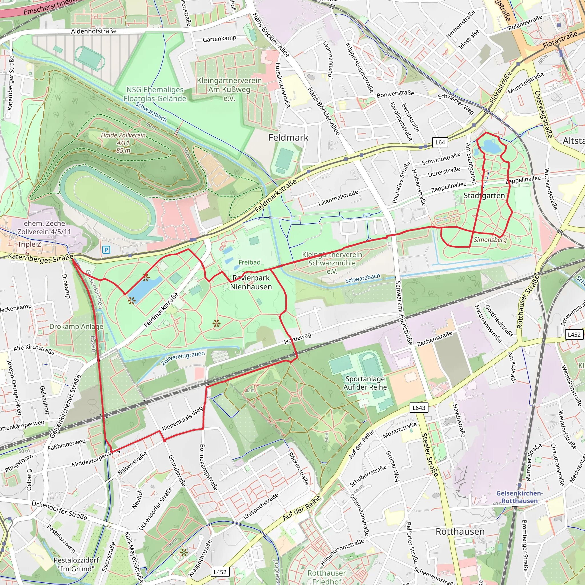 Stadtgarten and Revierpark Nienhausen via Nordsternweg mobile static map