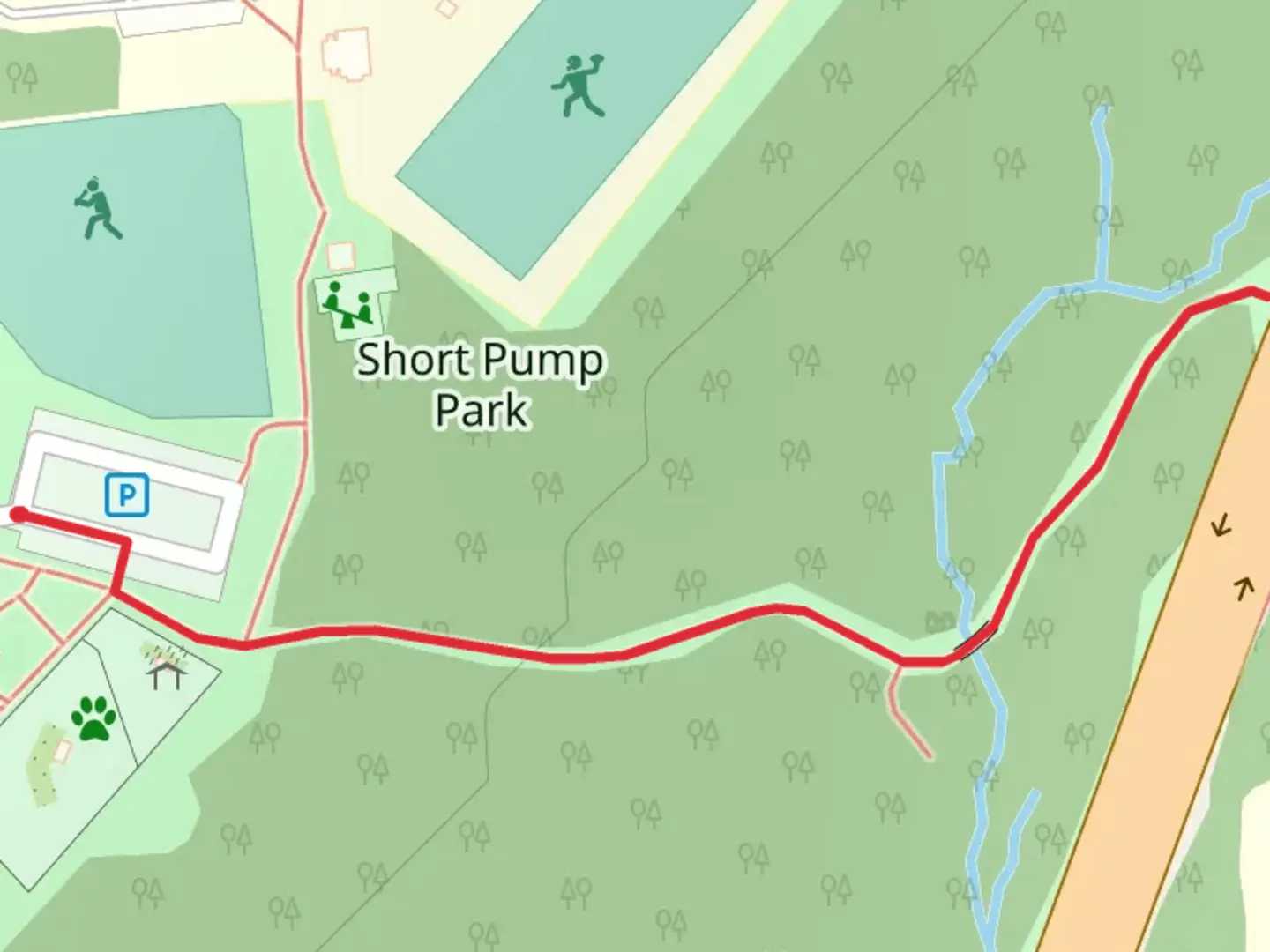 An image depicting the trail Short Pump Park and its surrounding area.