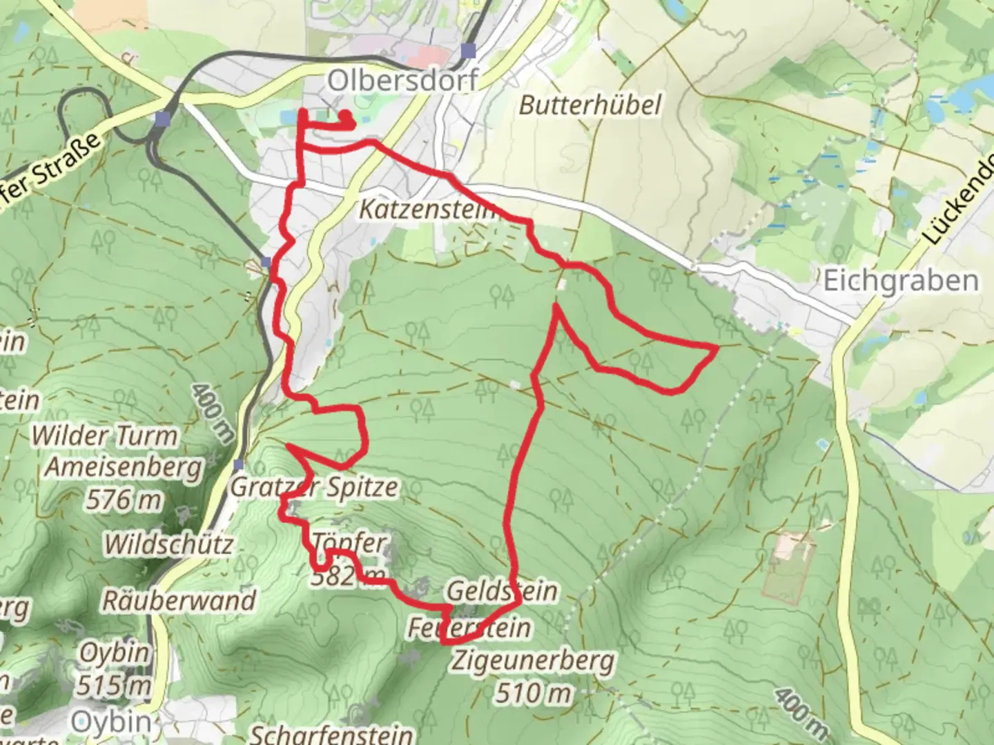 An image depicting the trail Boehmische Aussicht and Geldstein Loop via Oybin Rundweg and its surrounding area.