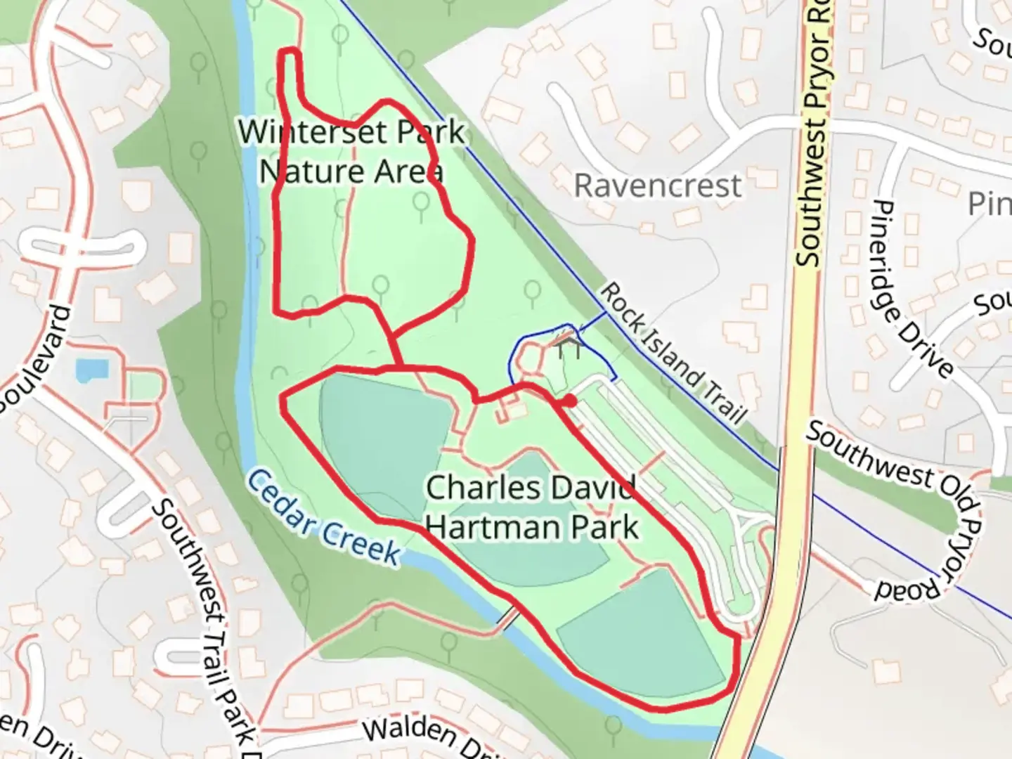 An image depicting the trail Winterset Park Nature Area and Charles David Hartman Park Loop and its surrounding area.