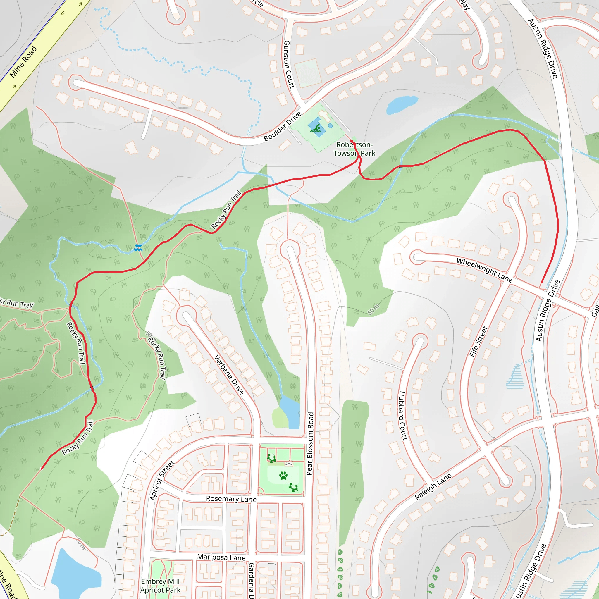 Rocky Run Trail in Robertson Towson Park mobile static map