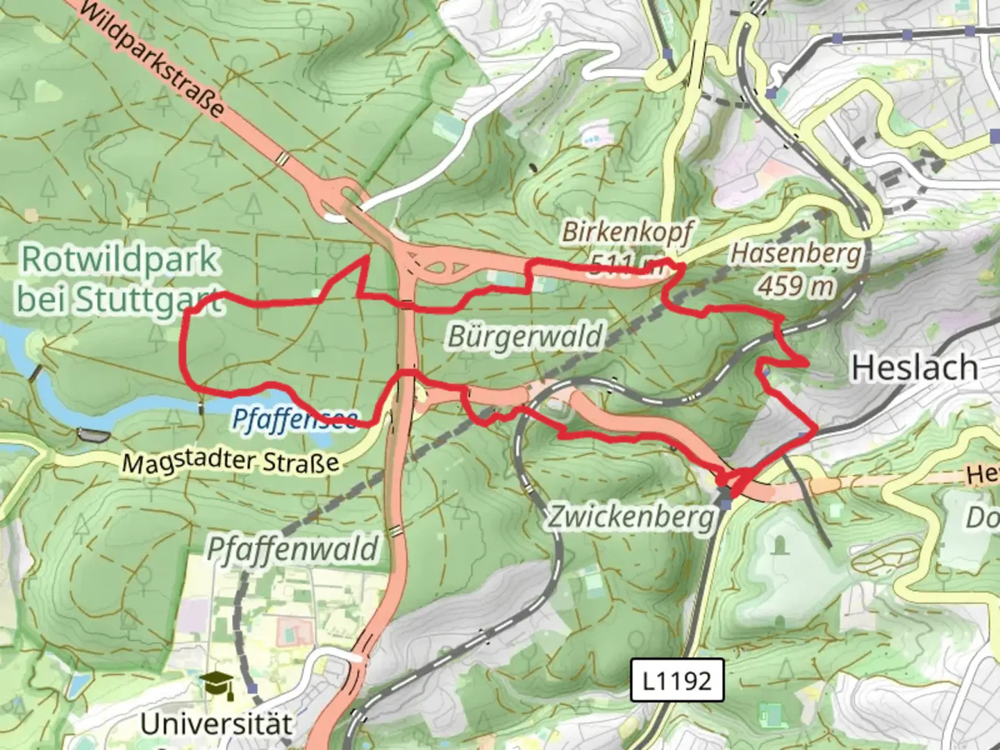 An image depicting the trail Pfaffensee via Durchschnittsweg and Wezelweg and its surrounding area.