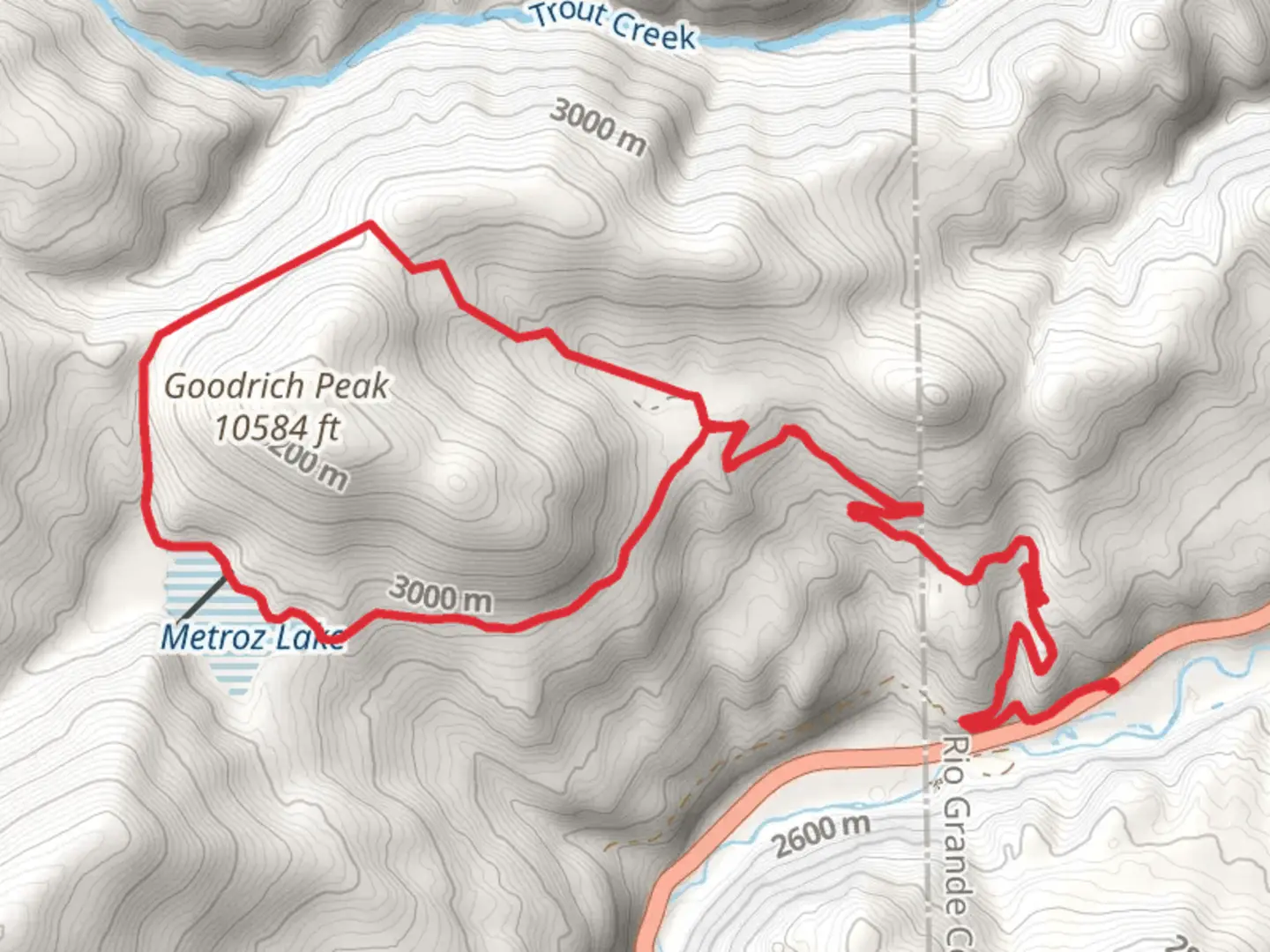 An image depicting the trail Loop around Goodrich Park, Goodrich Peak and Metroz Lake and its surrounding area.