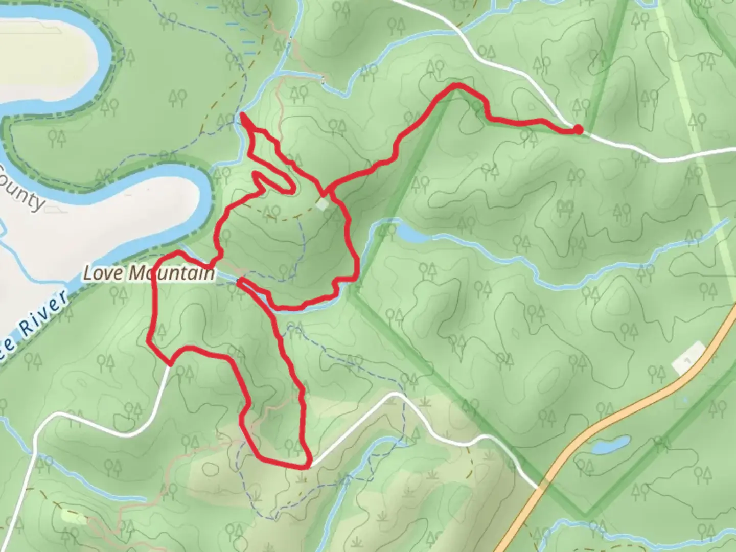 An image depicting the trail Love Mountain Trail, Tributary Trail and Waits Ferry Trail and its surrounding area.