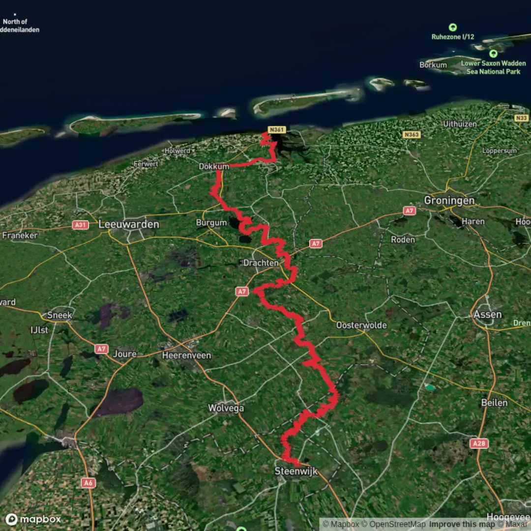 An image depicting the trail Steenwijk to Lauwersoog via Kerkweg, Groeneweg and Jaachpaad and its surrounding area.