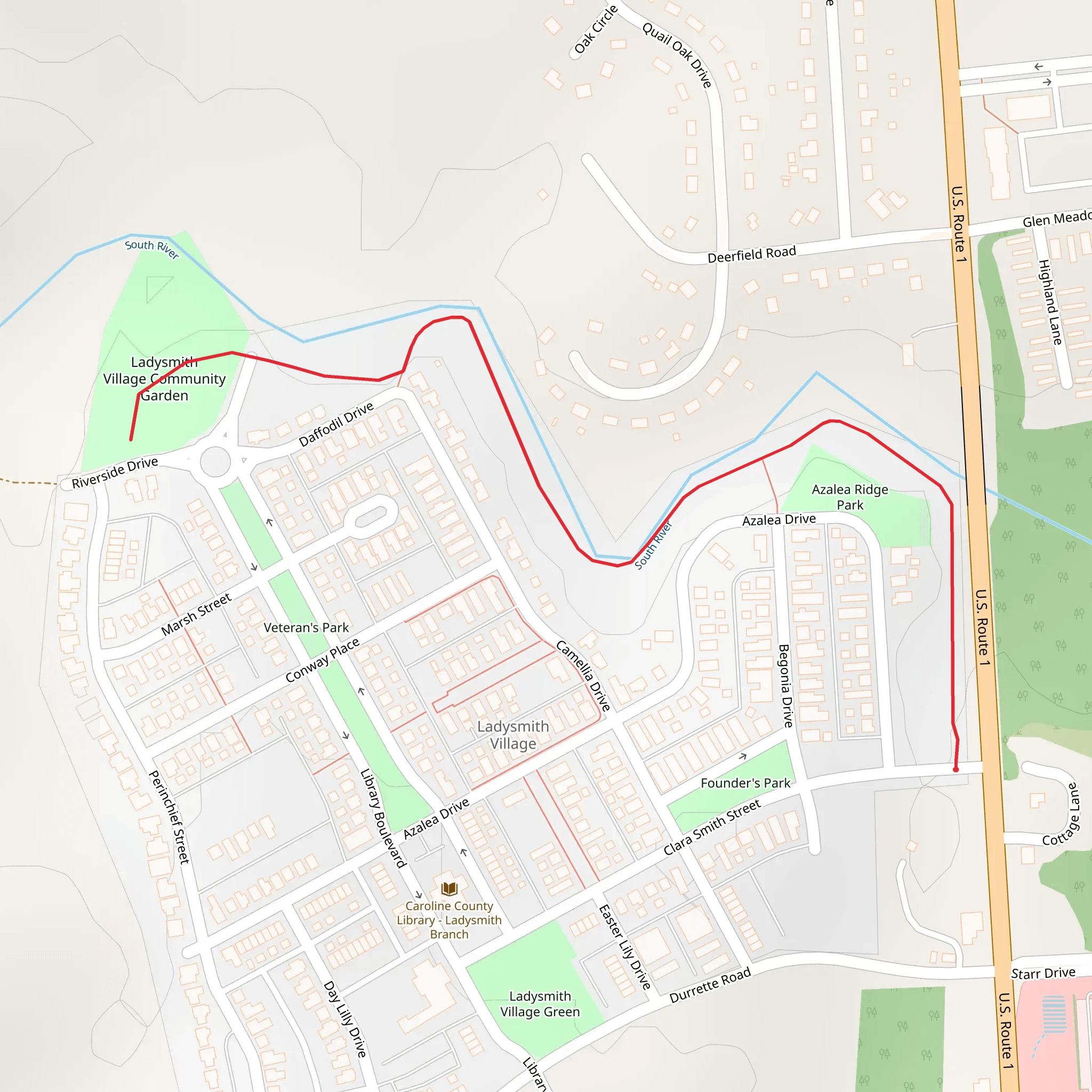 Azalea Ridge Park to Ladysmith Village Community Garden mobile static map