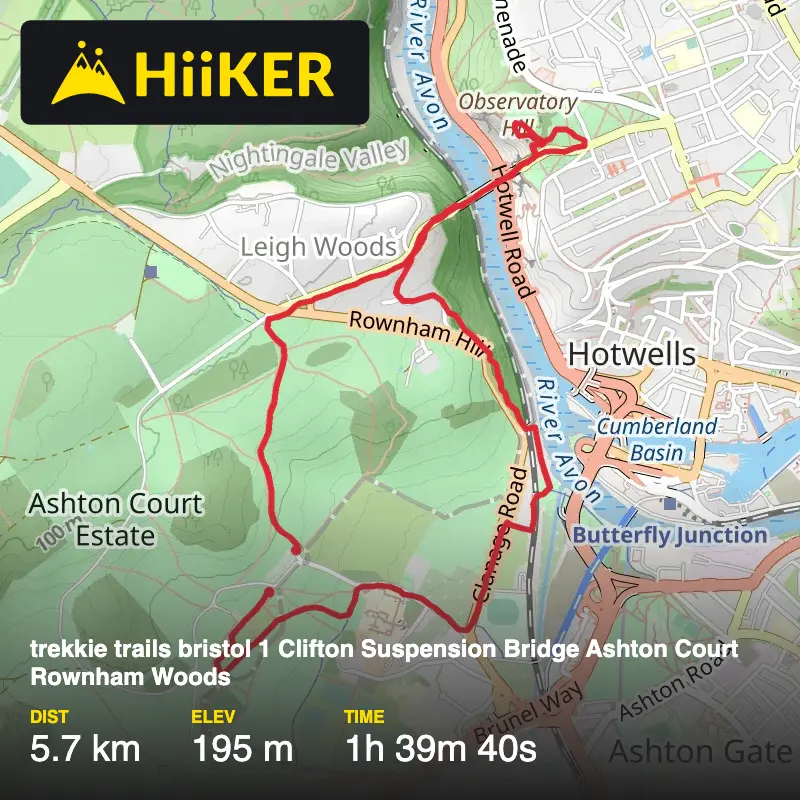 A map preview of the recording trekkie trails bristol 1 Clifton Suspension Bridge Ashton Court Rownham Woods.