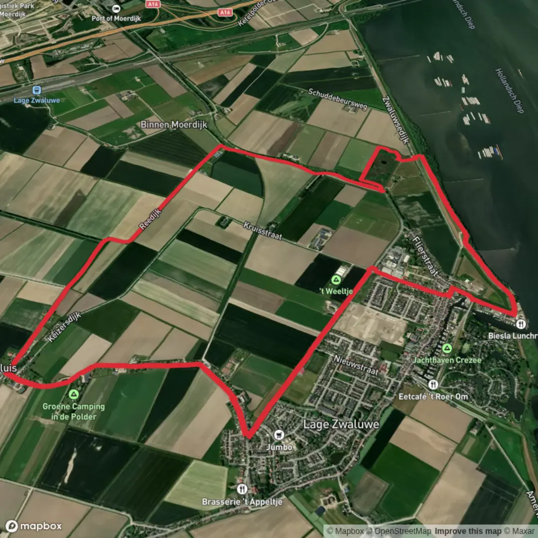 An image depicting the trail Oude Weg, Reedijk and Groenendijk Loop and its surrounding area.
