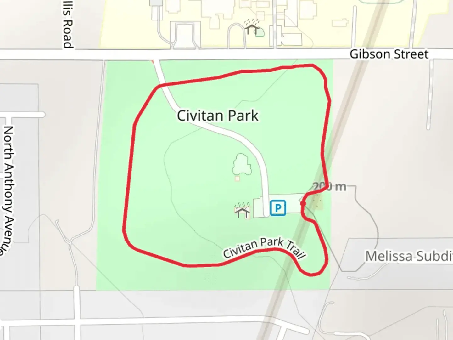 An image depicting the trail Civitan Park Loop and its surrounding area.