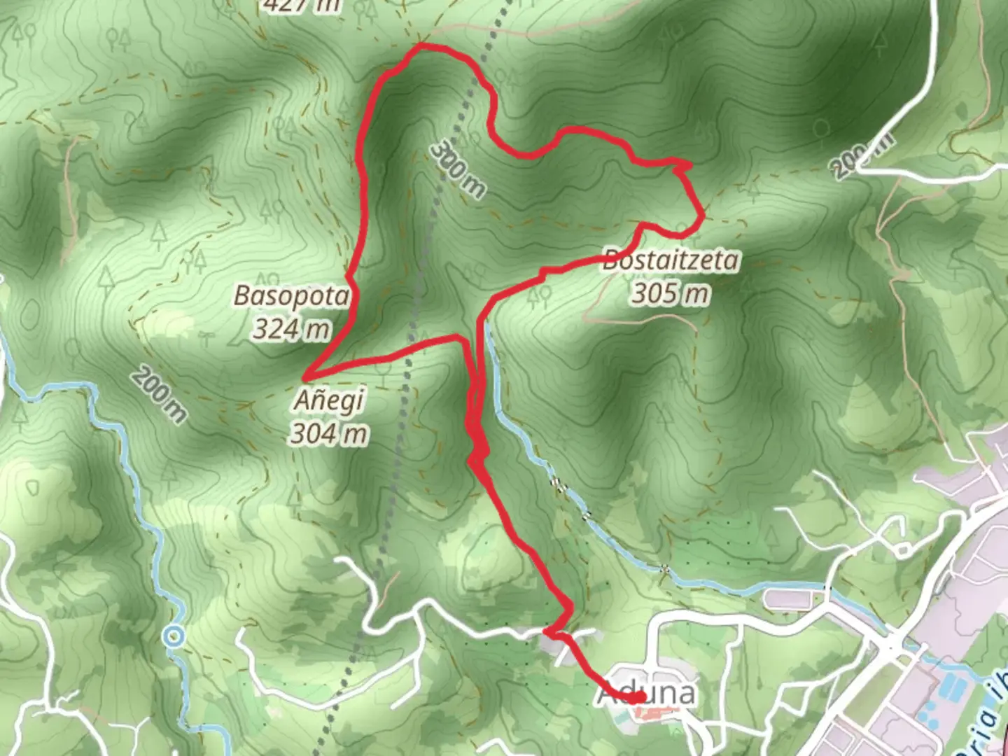 An image depicting the trail Aduna - Belkoain PR GI 119 and its surrounding area.