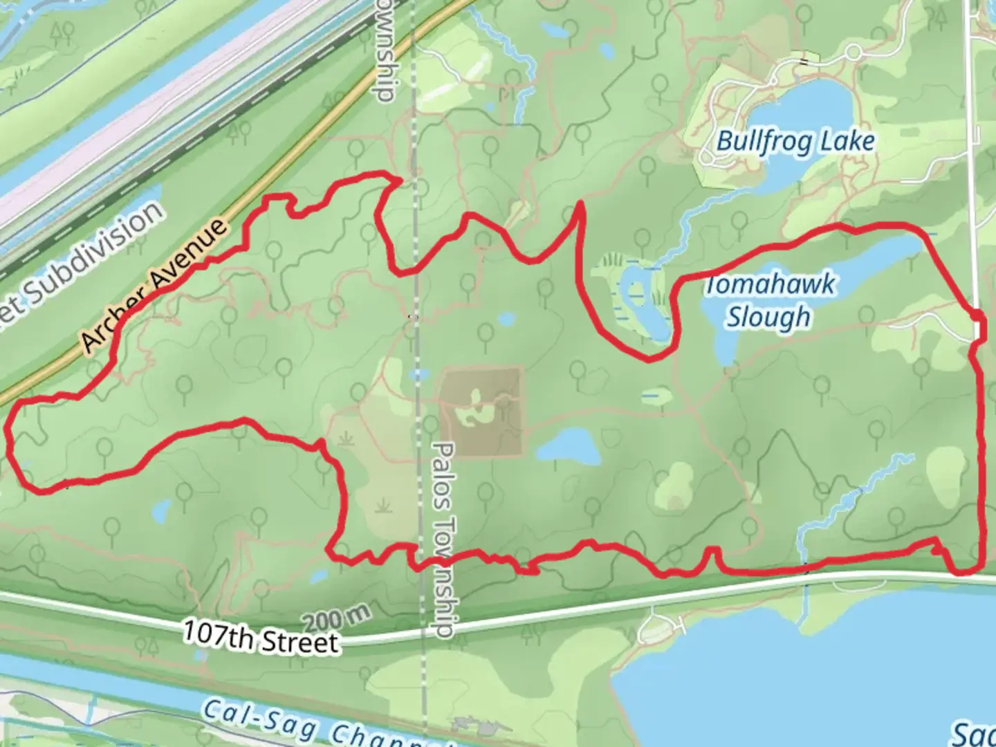 An image depicting the trail Tomahawk Slough Loop via Palos Orange Unpaved Trail and its surrounding area.