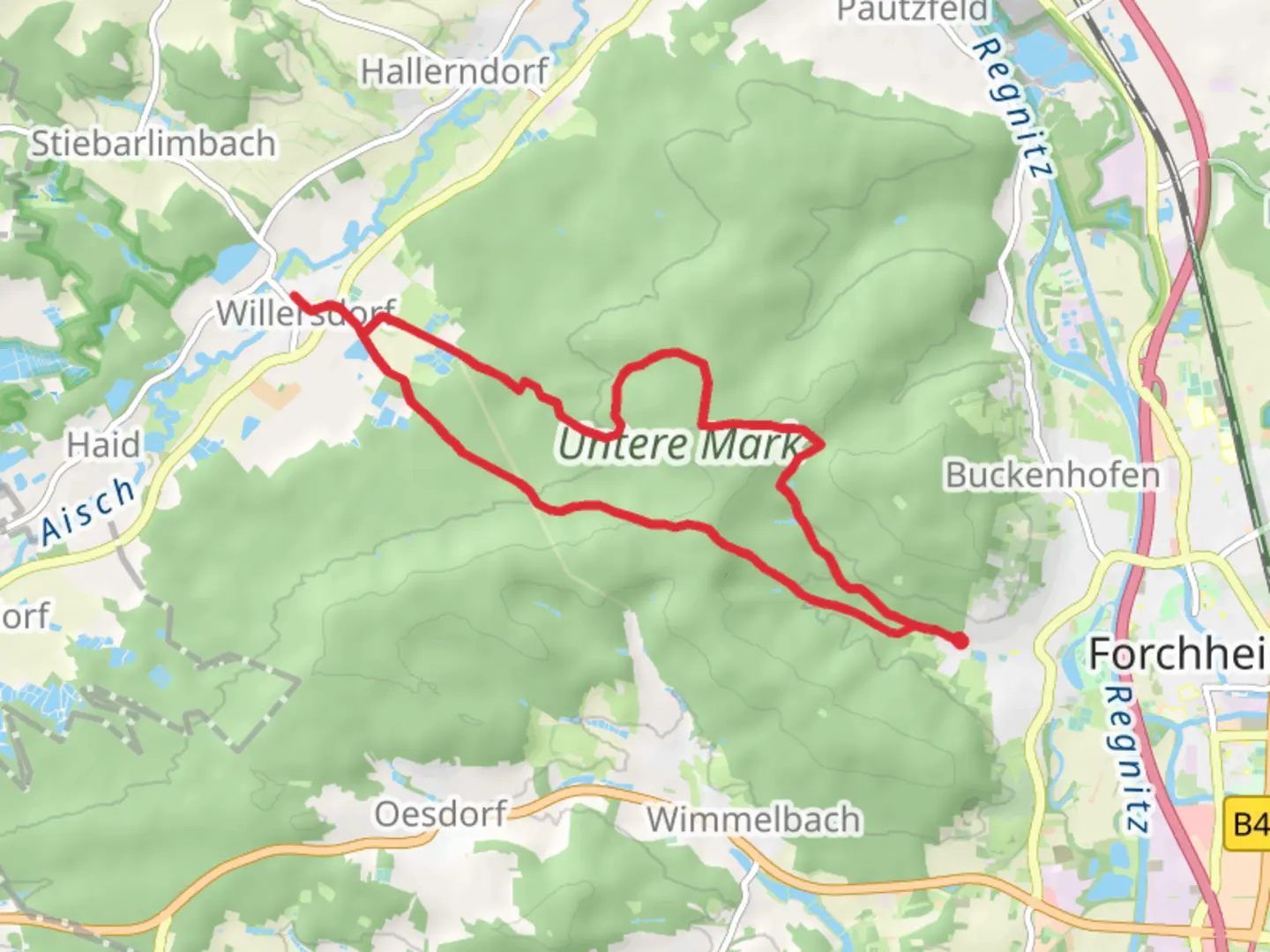 An image depicting the trail Burk-Schlammersdorf, Lauferlebnis Fraenkische Schweiz and Burk Lunzkeller and its surrounding area.