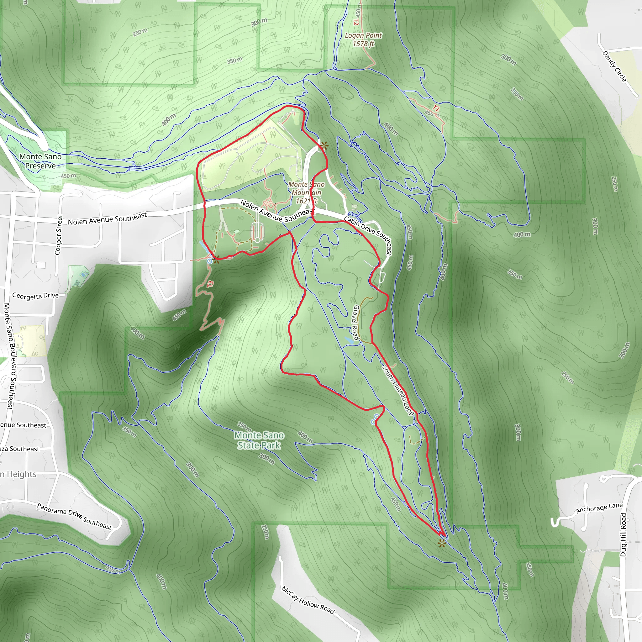 Monte Sano Mountain Loop via North and South Plateau mobile static map