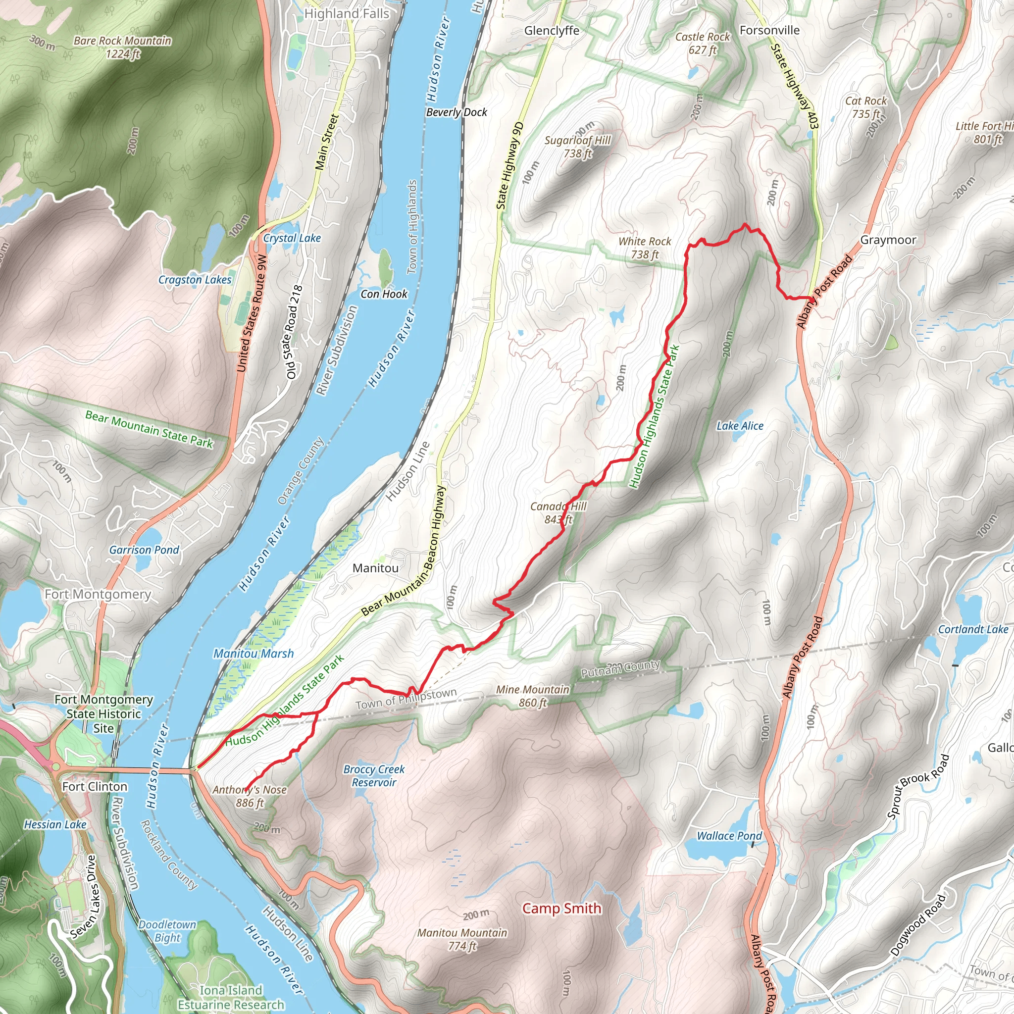 Anthony Nose and Canada Hill via Appalachian Trail mobile static map
