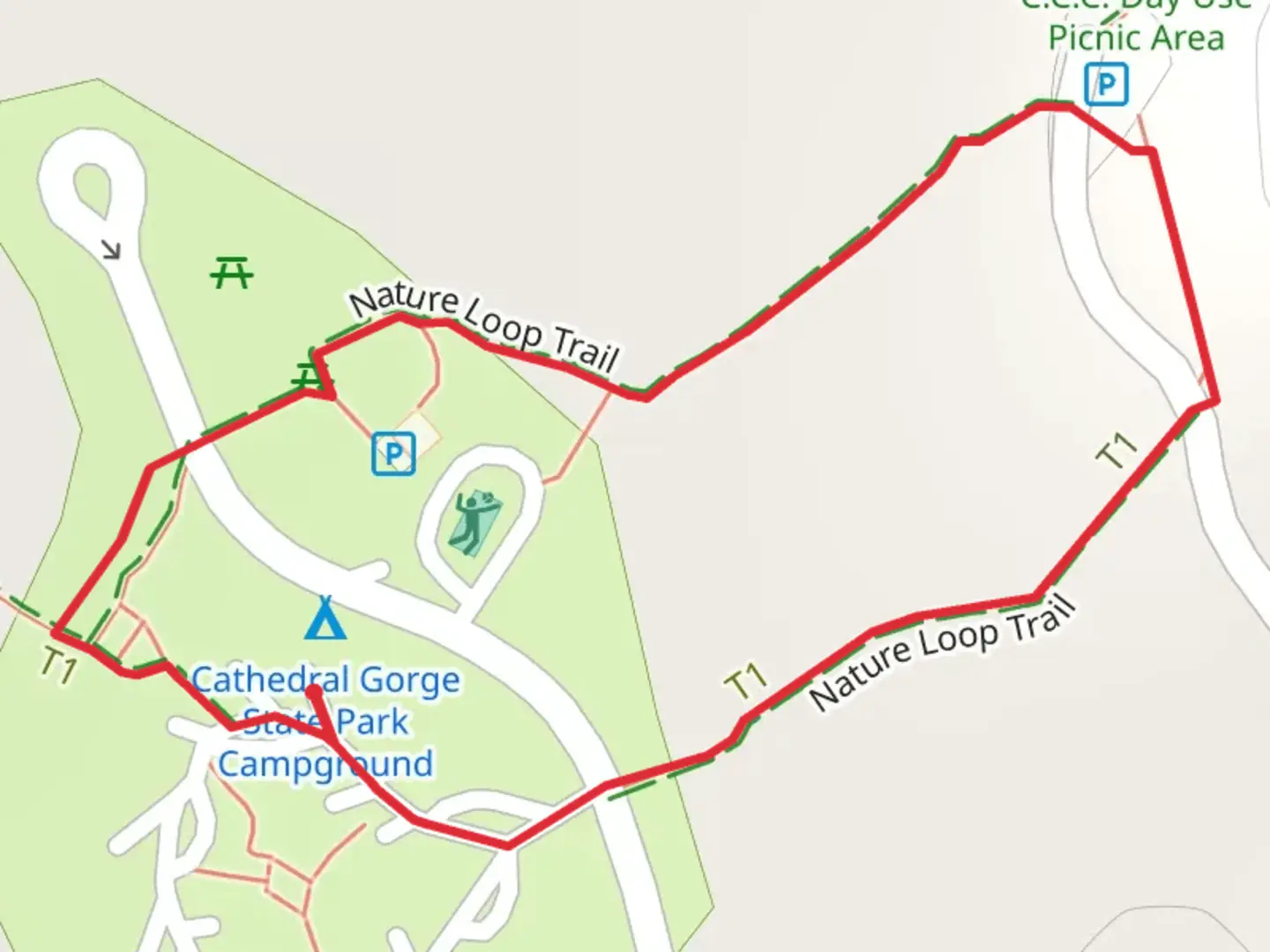 An image depicting the trail Cathedral Gorge Drive Loop and its surrounding area.