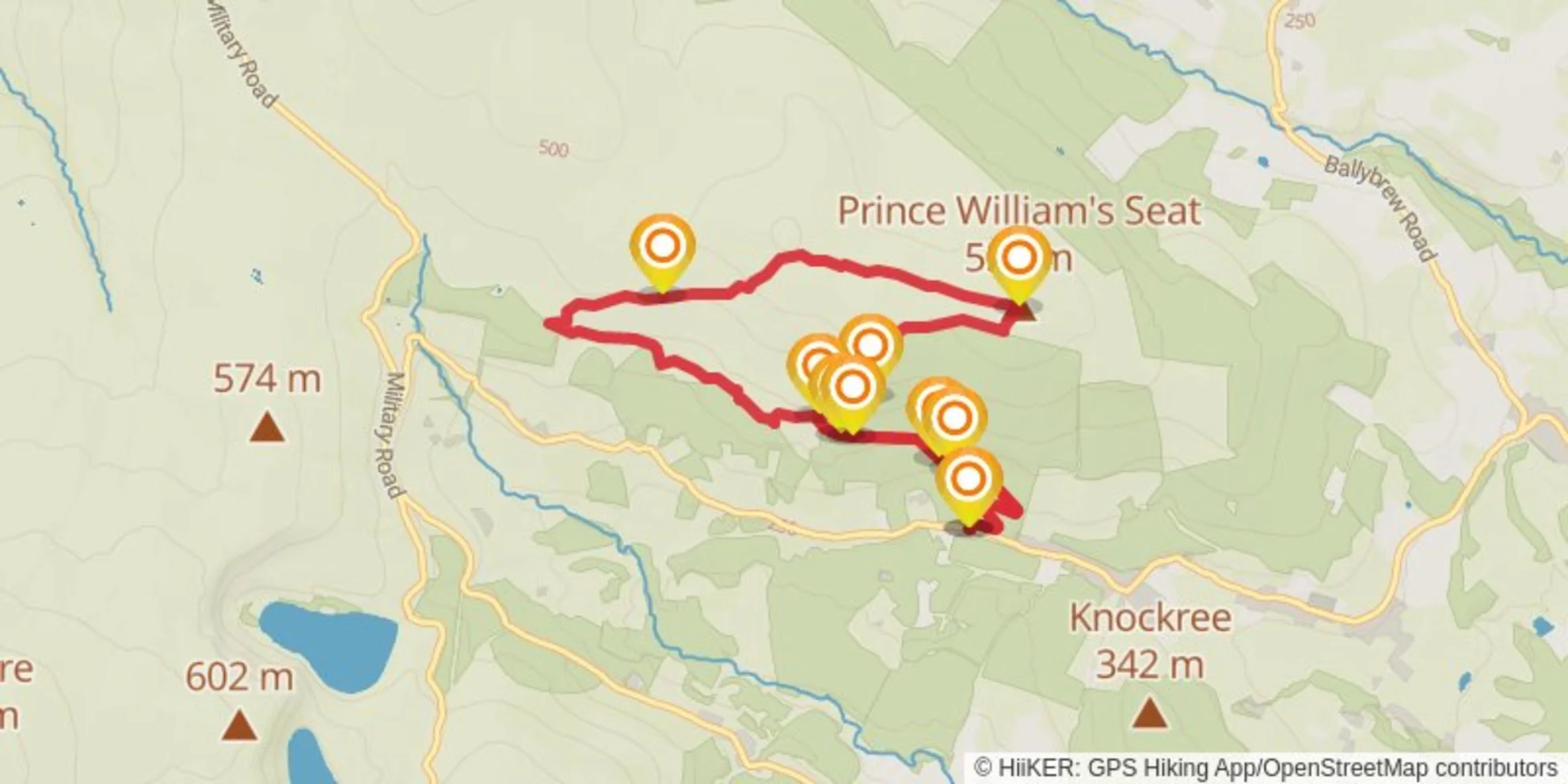 An image depicting the trail Prince Williams Seat and Knocknagun from Cloon and its surrounding area.