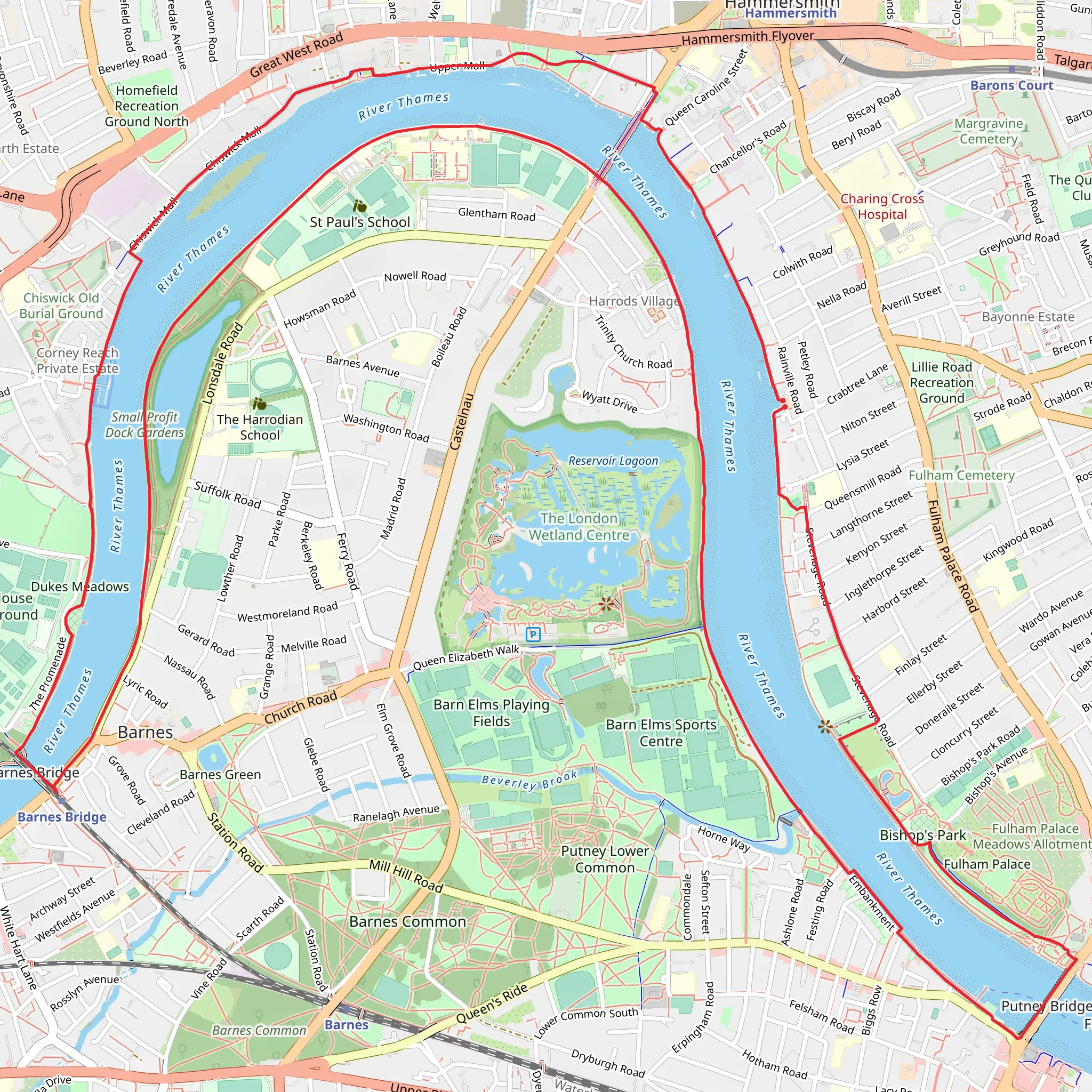 Barnes Bridge to Putney Bridge Loop mobile static map