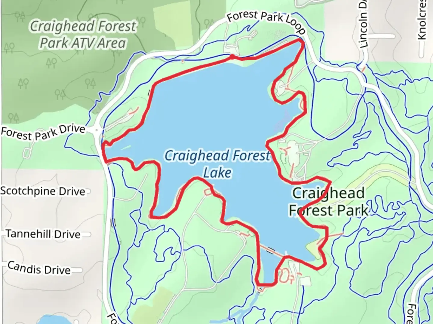 An image depicting the trail Craighead Forest Lake Loop and its surrounding area.