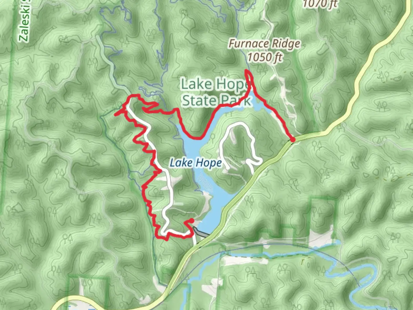 An image depicting the trail Furnace and Sidewinder Trail - Lake Hope and its surrounding area.