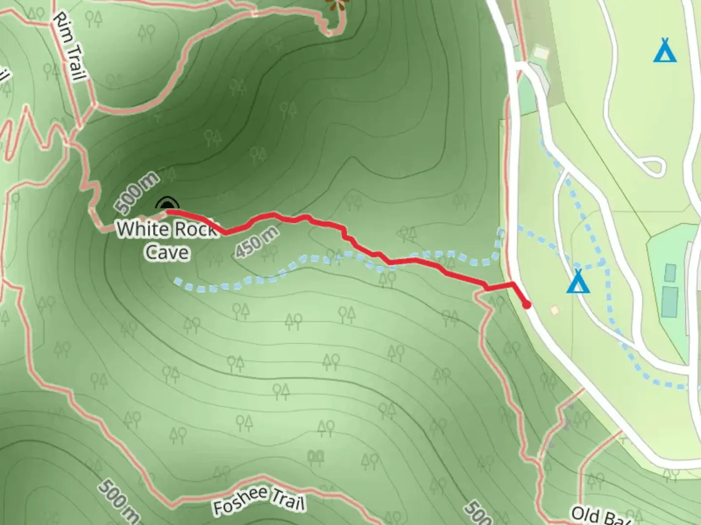 An image depicting the trail White Rock Cave Trail and Bird Trail and its surrounding area.