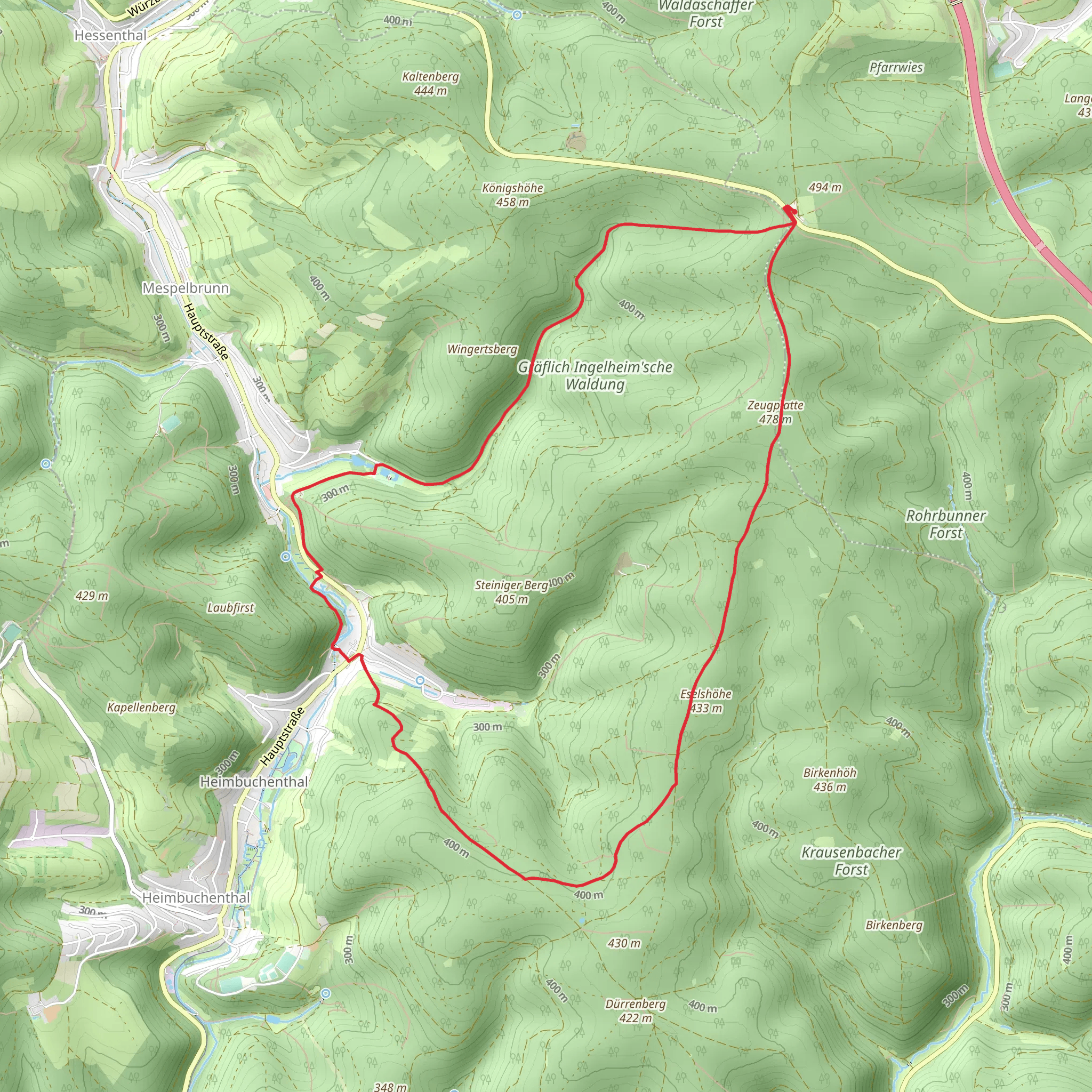 Zeugplatte via Ortswanderweg Mespelbrunn 3 and Hassenstav Weg mobile static map