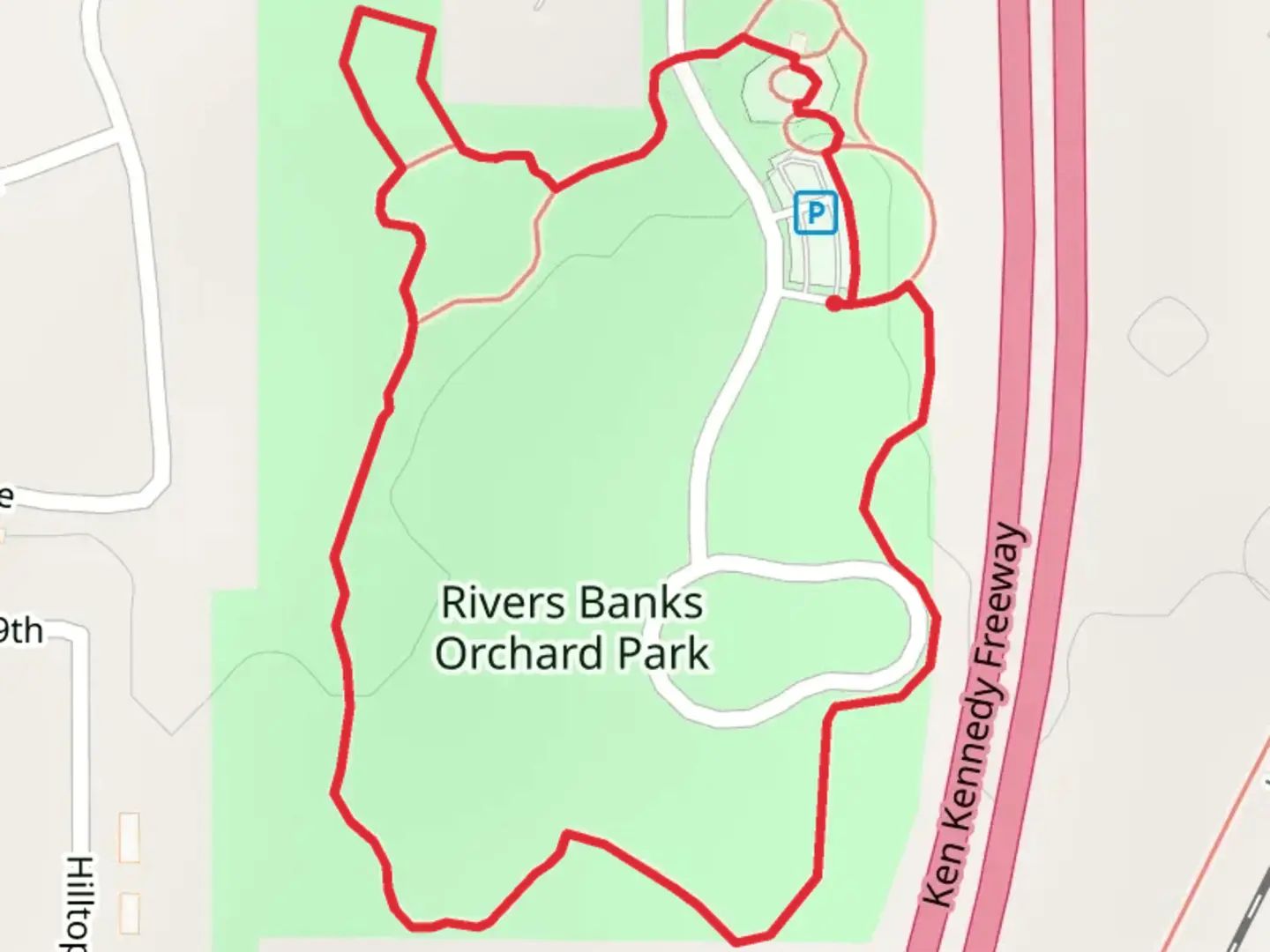 An image depicting the trail Rivers Banks Orchard Park Loop and its surrounding area.