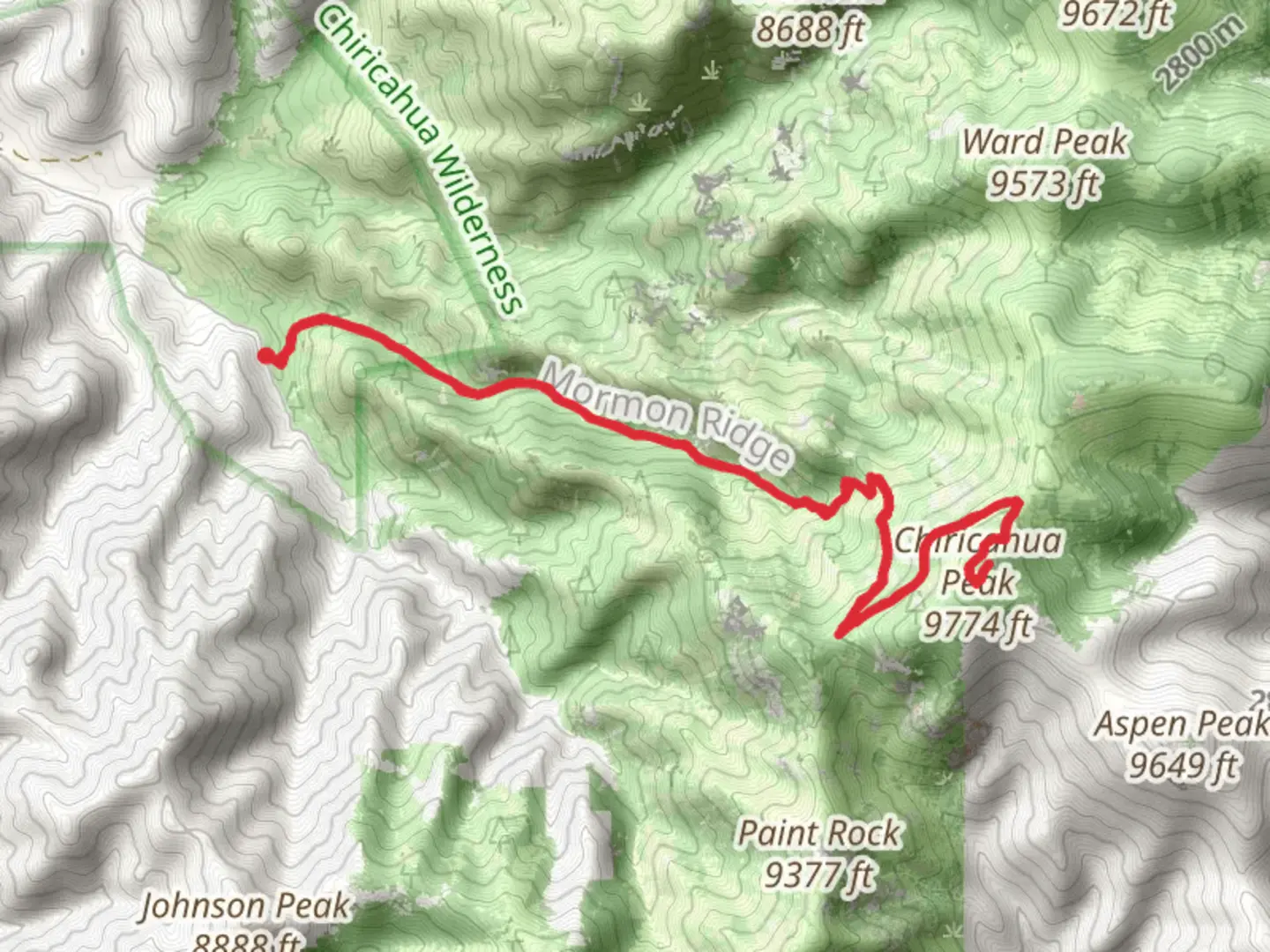 An image depicting the trail Chiricahua Peak and Mormon Saddle via Mormon Canyon Trail and its surrounding area.