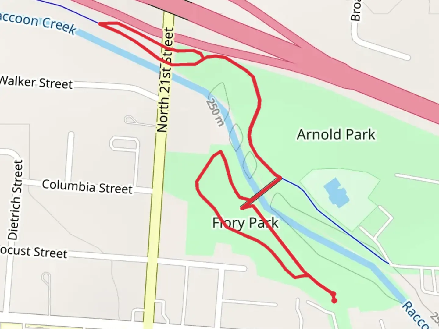 An image depicting the trail Flory Park and Raccoon Creek Loop and its surrounding area.