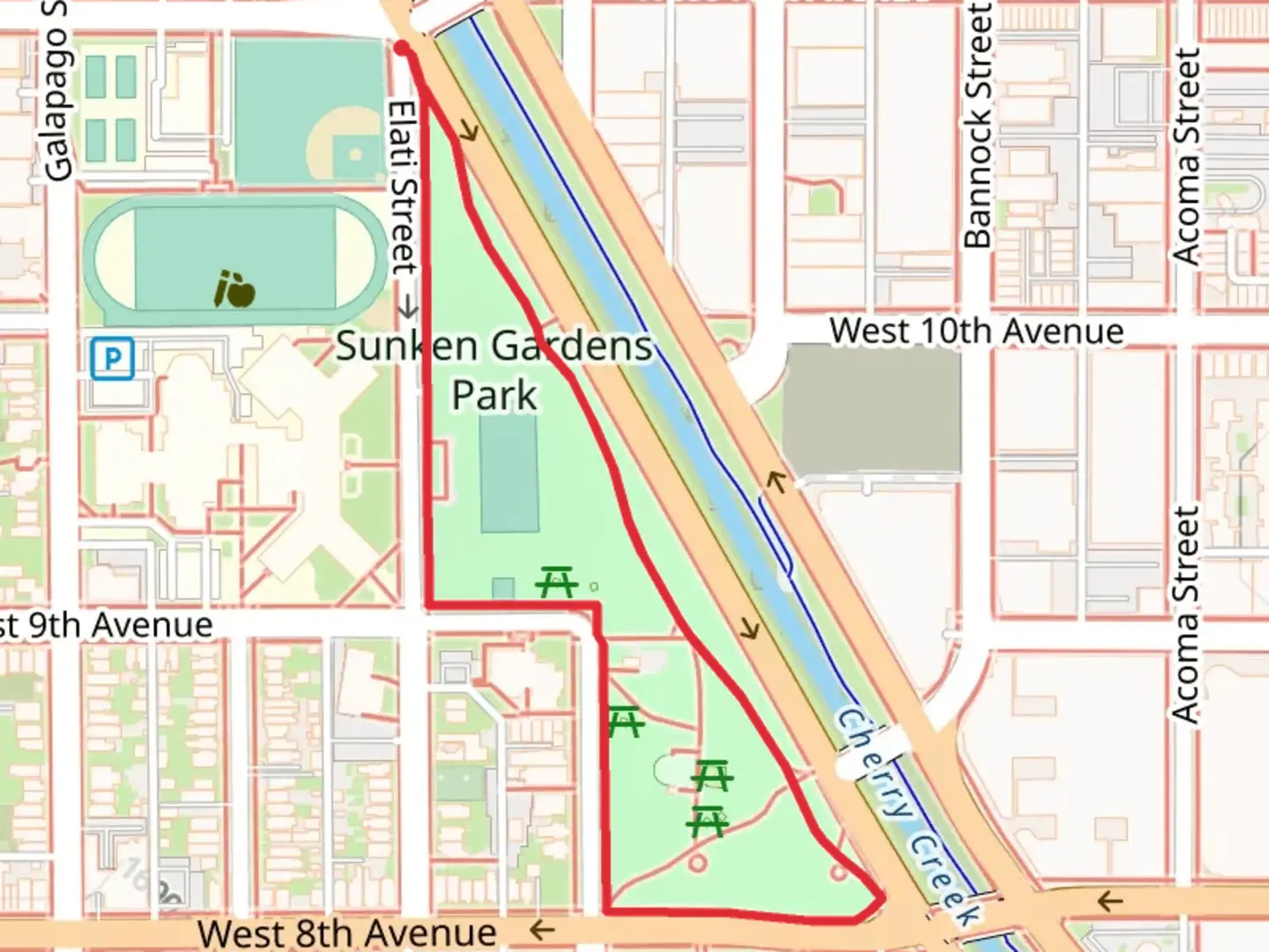 An image depicting the trail Sunken Gardens Park Loop and its surrounding area.
