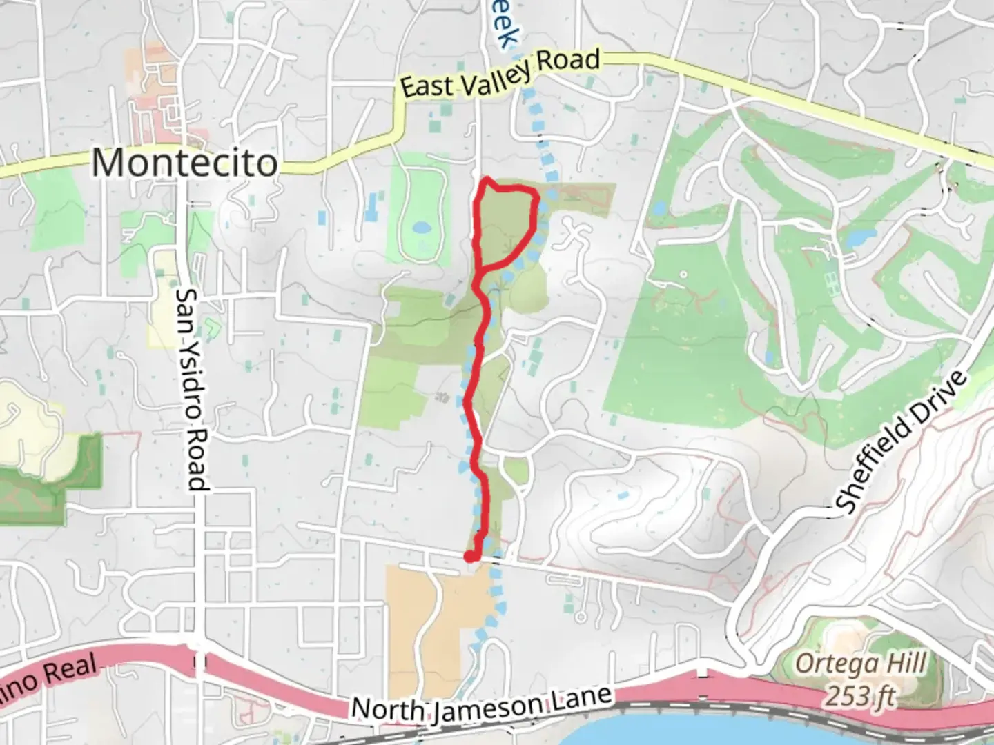 An image depicting the trail San Ysidro Creek - Ennisbrook Trail and its surrounding area.