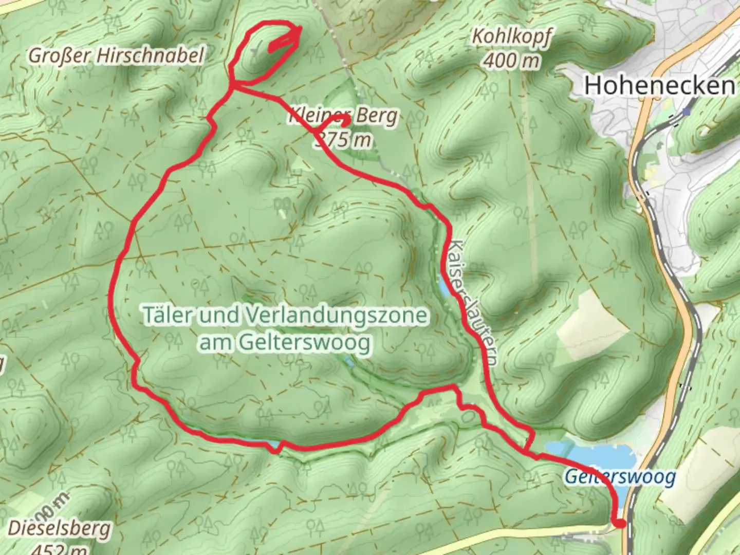 An image depicting the trail Gelterswoog, Burgruine Perlenberg and Romische Hugelsiedlung Loop and its surrounding area.