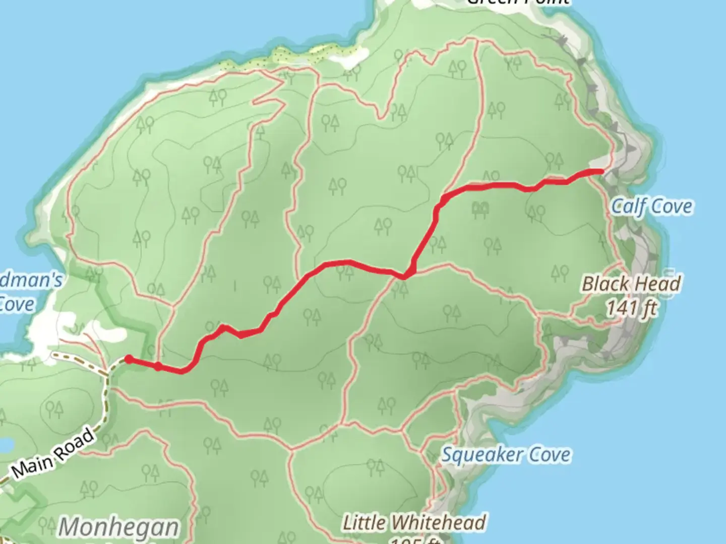 An image depicting the trail Calf Cove via Black Head Trail and its surrounding area.